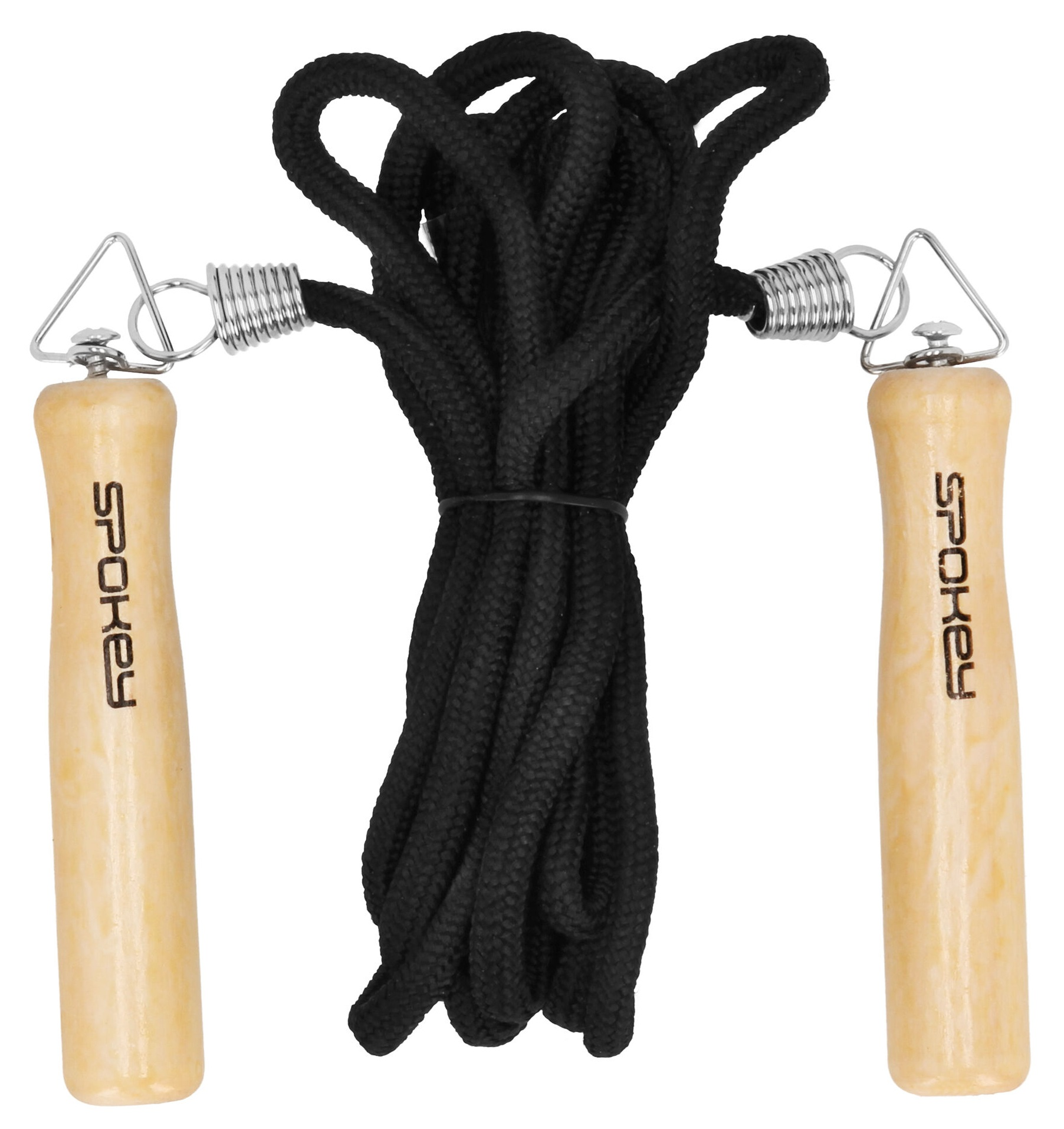 Czarny skakanka z drewnianymi uchwytami. Na uchwytach napis 'Spokey'.