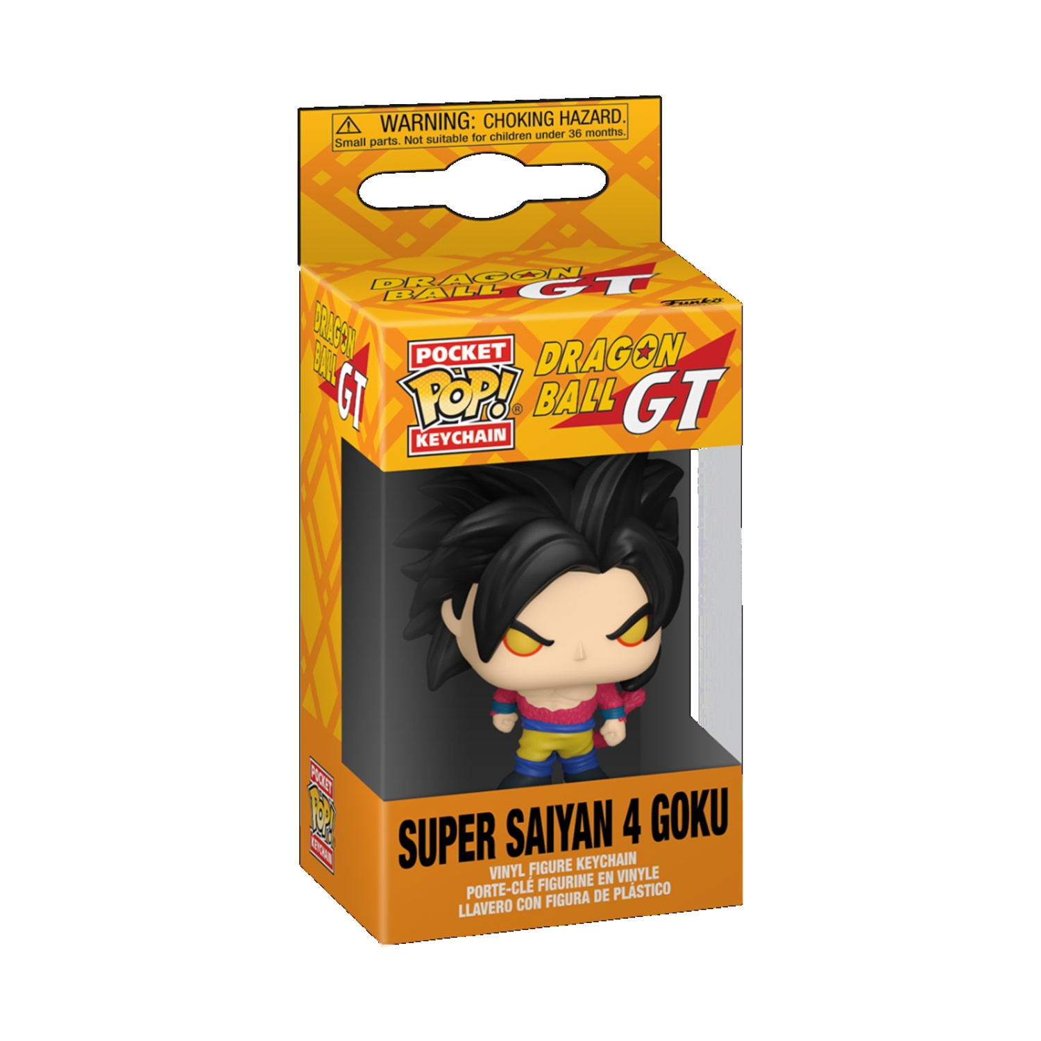 Una figura di Super Saiyan 4 Goku in una scatola. La scatola è gialla e arancione, con il logo di Dragon Ball GT e un avvertimento.