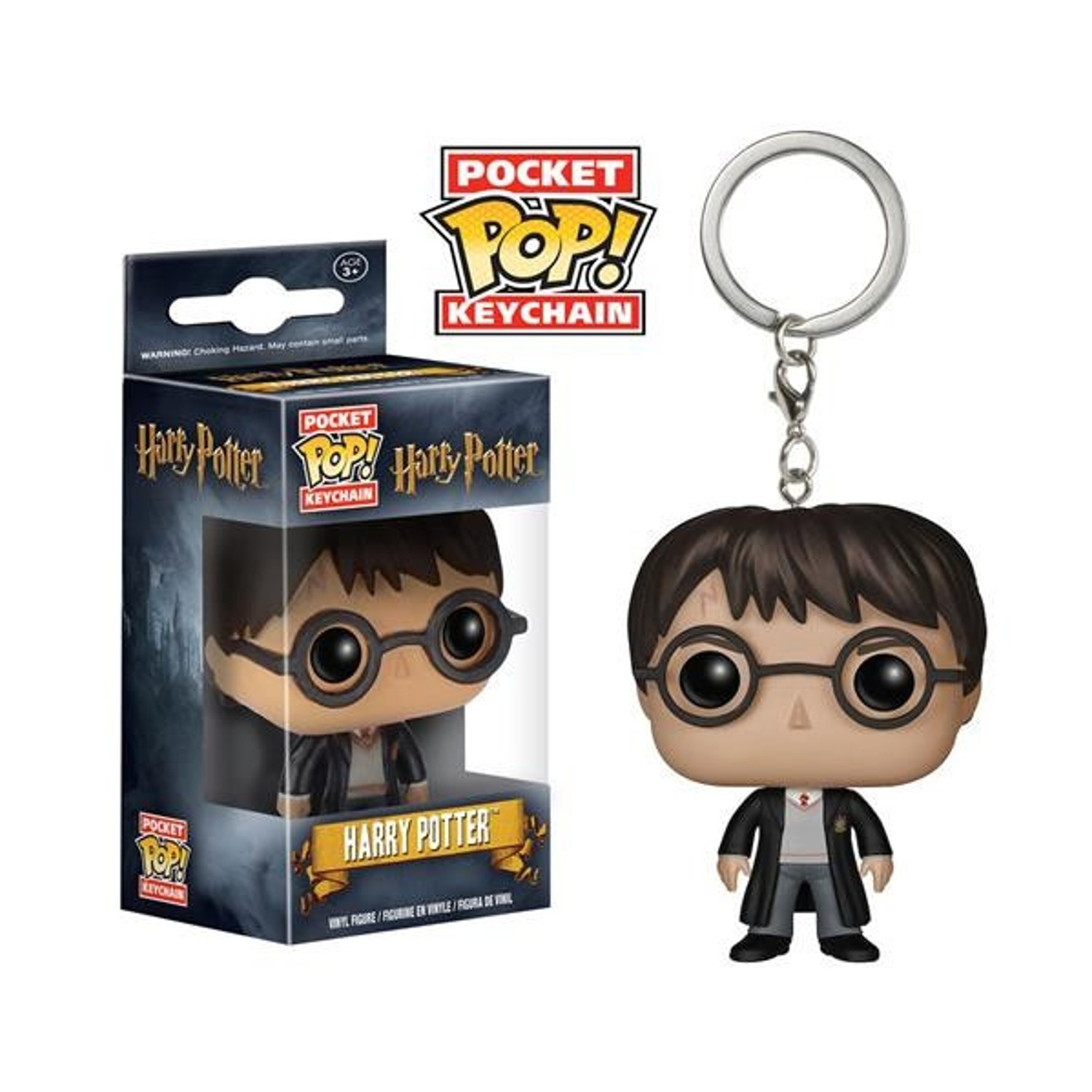 Figura portachiavi Harry Potter Pocket POP!. Figura in scatola e figura staccata mostrate. La figura ha occhiali, capelli neri e una veste nera.