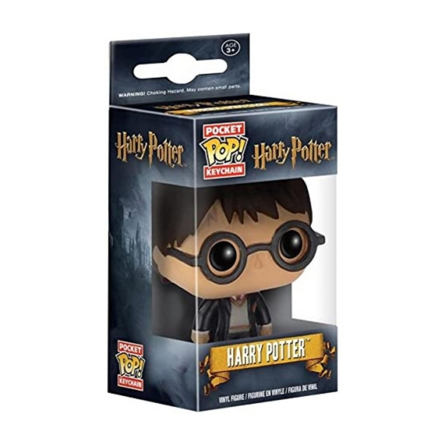 Un portachiavi Harry Potter Pocket Pop! in una scatola. Mostra Harry Potter con occhiali e una veste nera. La scatola ha il logo Pocket Pop!.