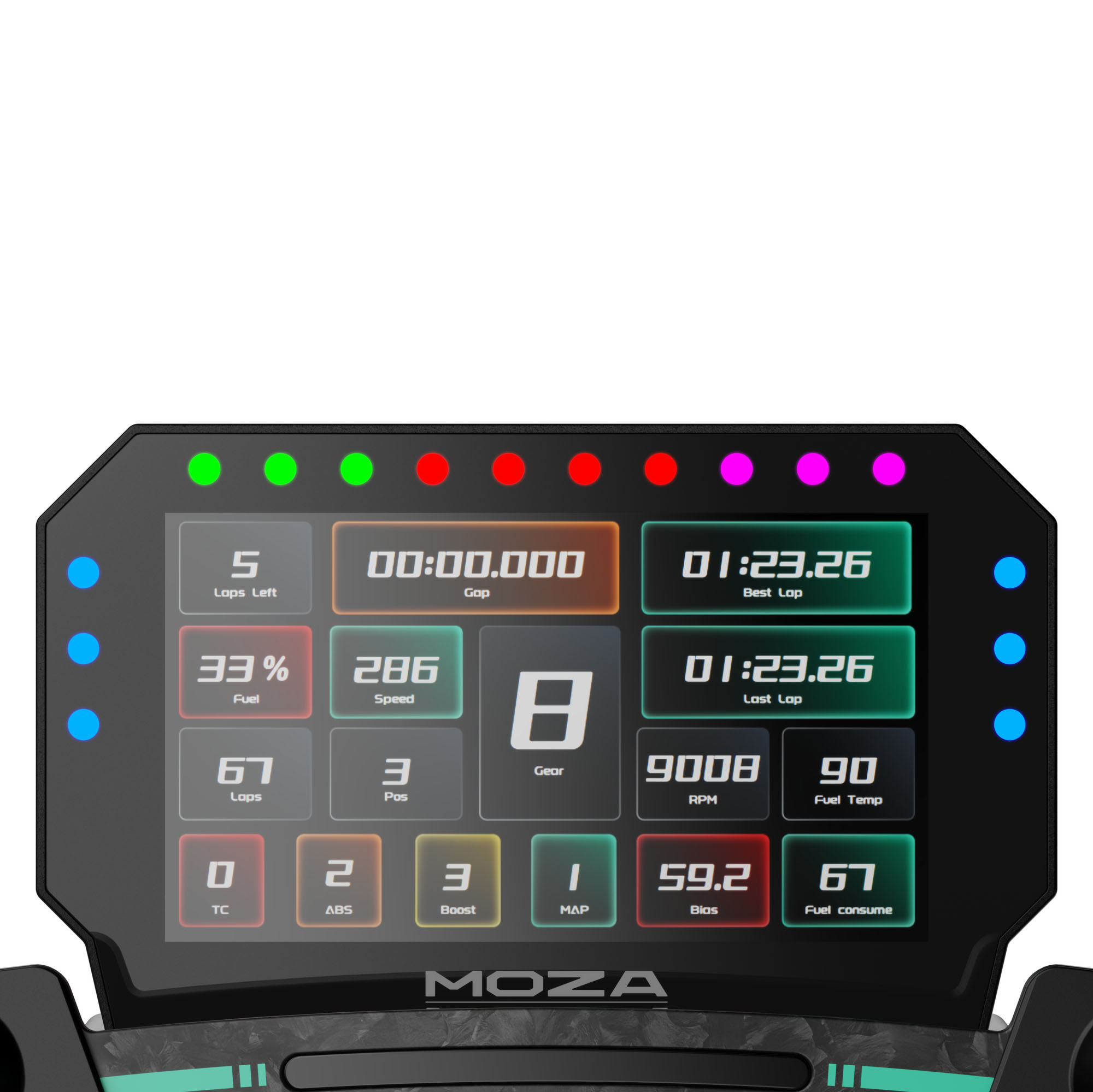 Dashboard zeigt Renndaten: Runden, Kraftstoff, Geschwindigkeit, Gang, RPM und mehr. Farbige Lichter oben. MOZA-Logo unten.