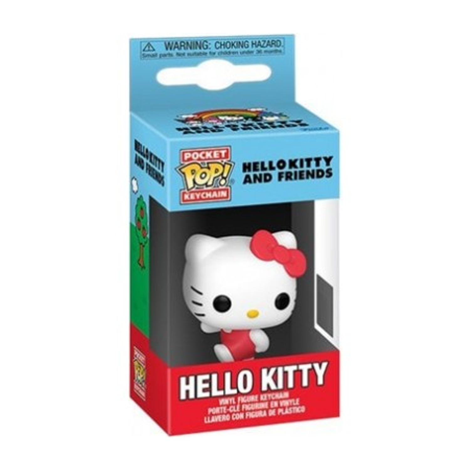 Portachiavi Hello Kitty in scatola. Figura bianca con fiocco e vestito rossi. La scatola è rossa, blu e bianca, con testo 'Hello Kitty and Friends'.