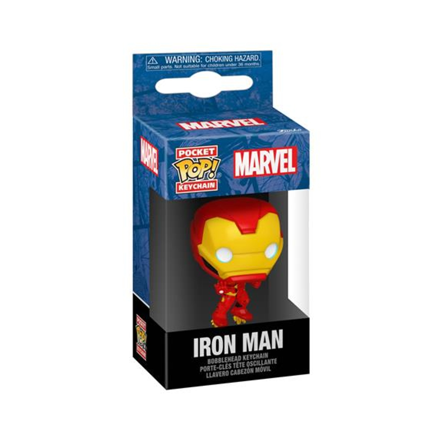 Un portachiavi di Iron Man in una scatola Marvel. La figura ha un elmo rosso e giallo. La scatola ha il marchio Marvel e Pocket Pop!