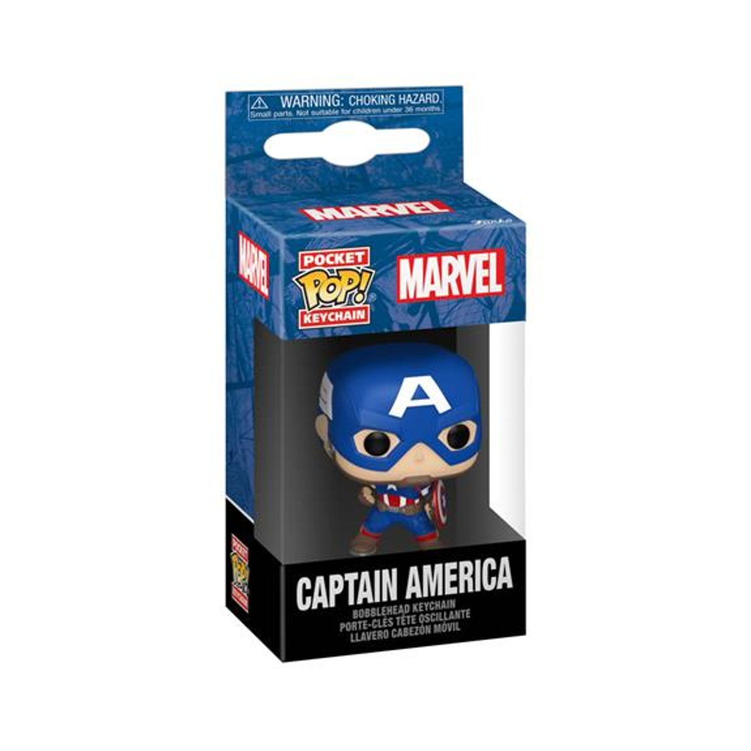 Portachiavi con testa oscillante di Capitan America in una scatola. Casco blu con una A bianca. Sulla scatola c'è scritto Marvel e Capitan America.