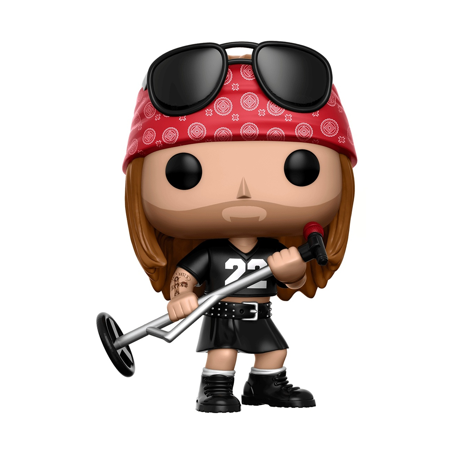 Funko Pop di Axl Rose. Indossa bandana rossa, occhiali da sole, abito nero e tiene in mano un microfono e un supporto argentato.