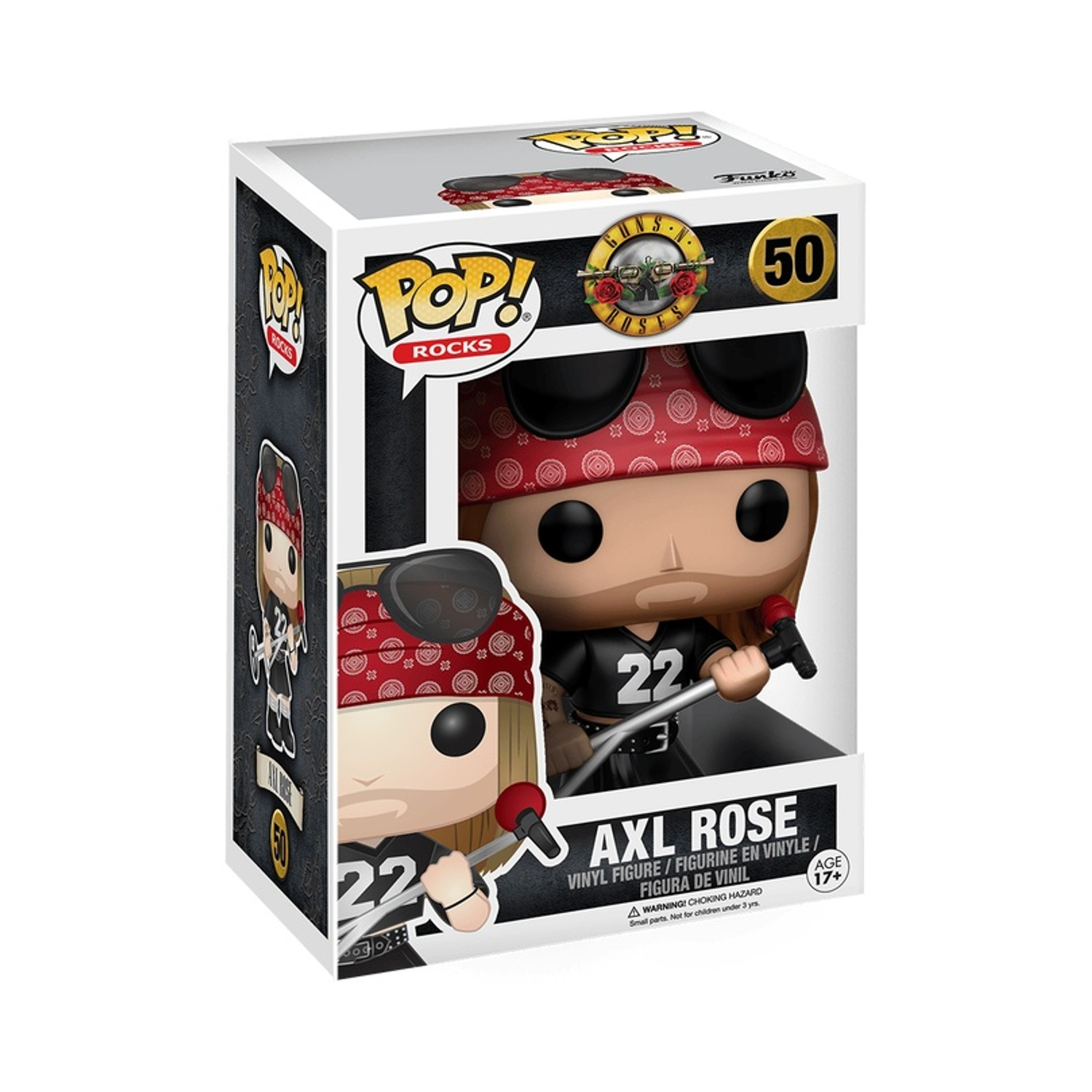 Personaggio Funko Pop di Axl Rose nella scatola. Indossa una bandana rossa, una maglietta nera con il numero 22 e tiene un microfono.