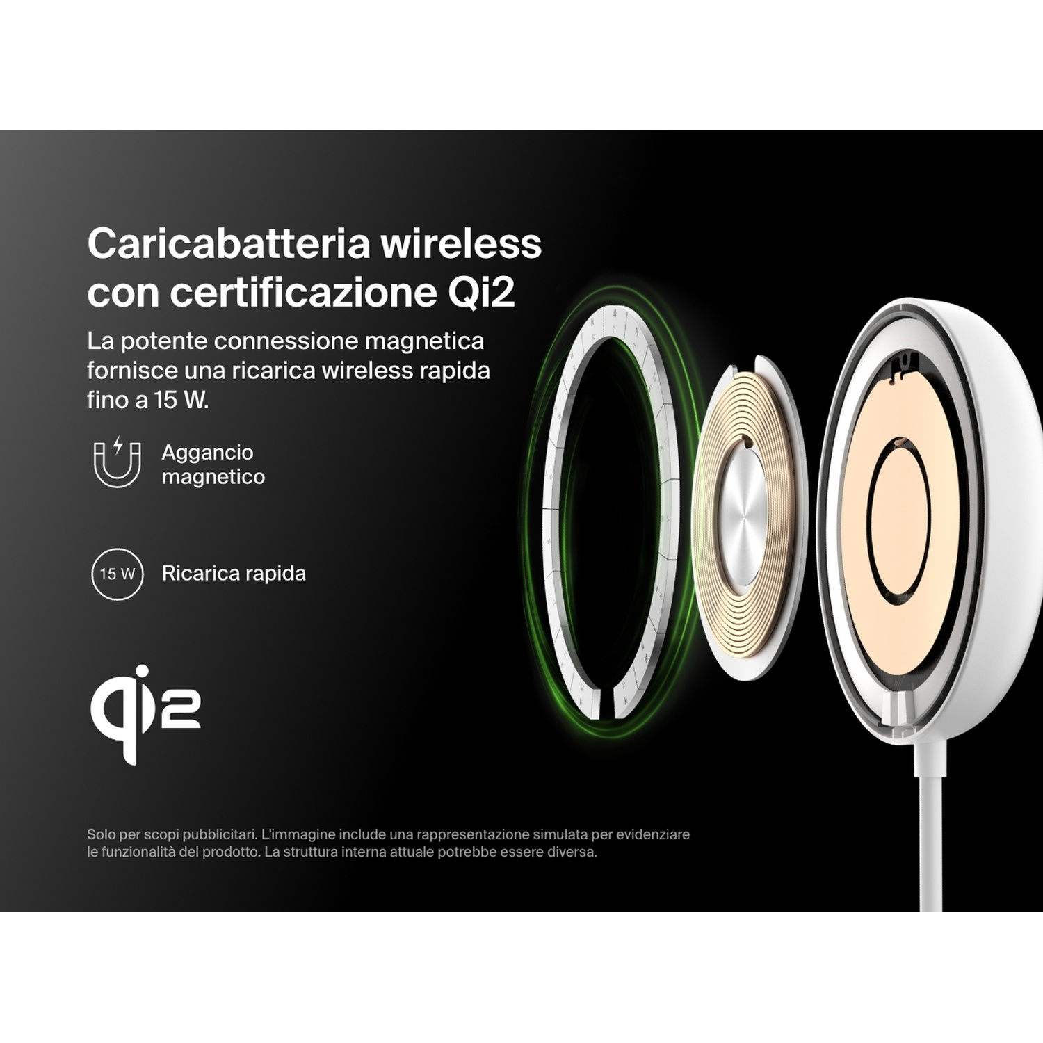 Caricabatterie wireless con certificazione Qi2. Include attacco magnetico e ricarica rapida fino a 15W. Design bianco e oro.