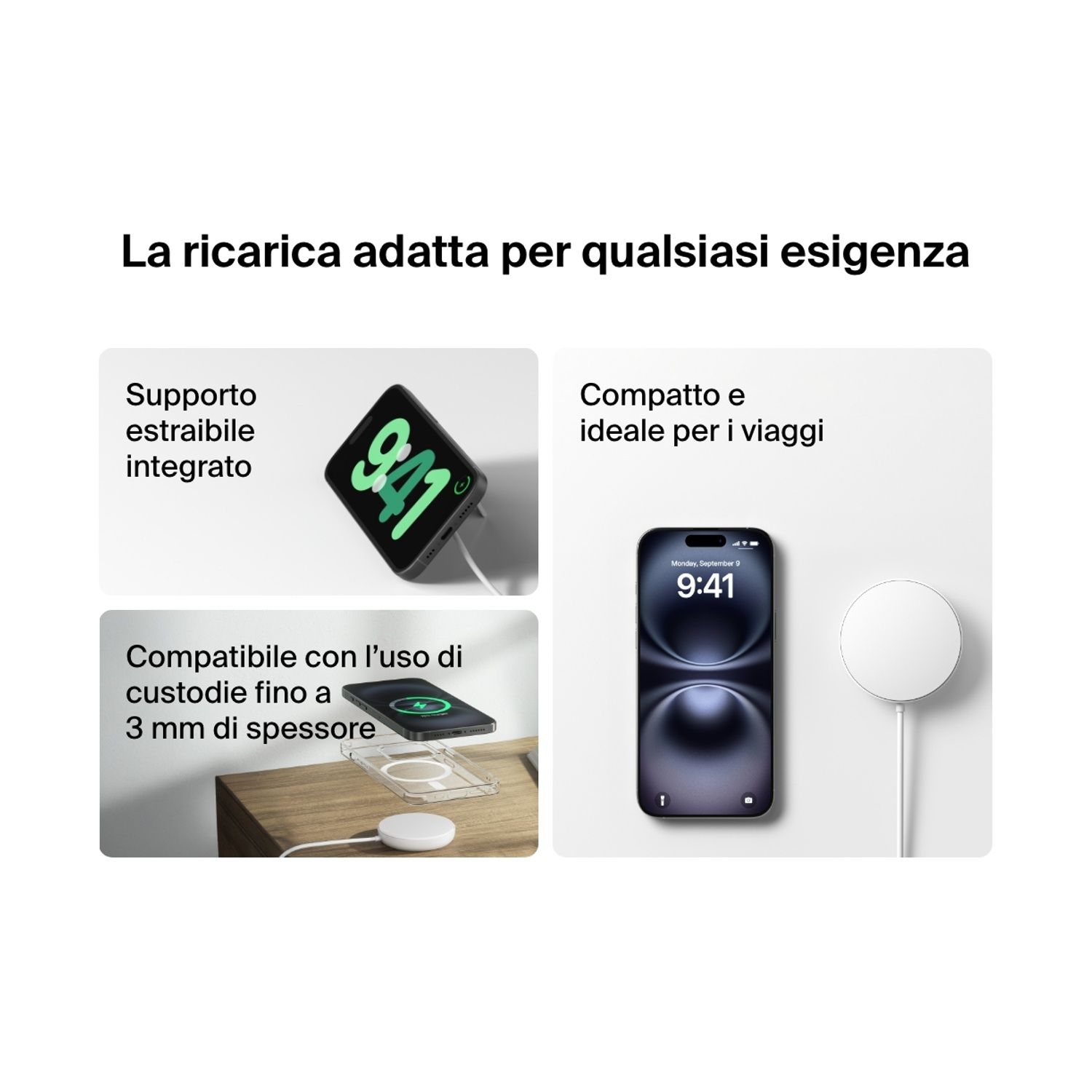 L'immagine mostra le soluzioni di ricarica Apple. Include un Apple Watch su un supporto di ricarica, un iPhone in carica e un caricatore compatto.