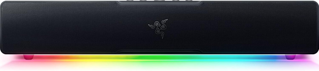 Fekete soundbar RGB világítással alul. Razer logó elöl. Gombok felül.