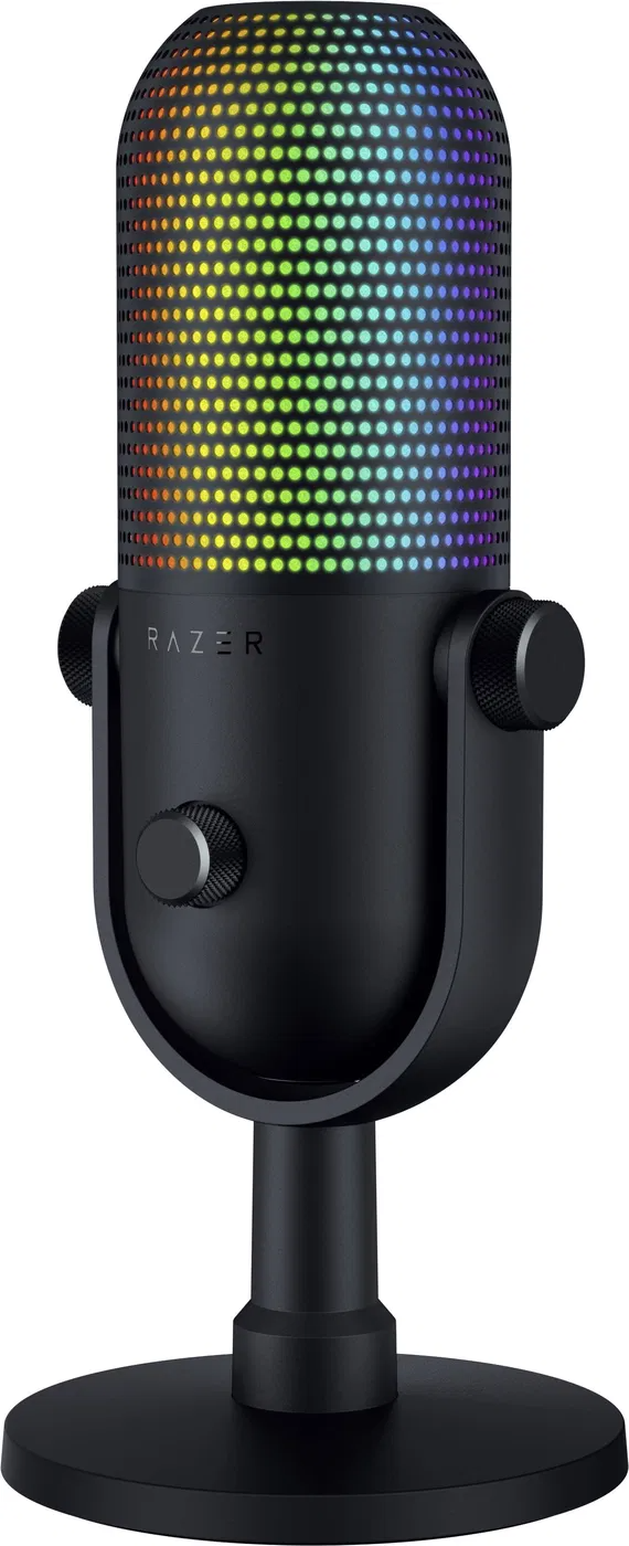 Fekete Razer mikrofon szivárványos LED-es lámpákkal. Gombokkal és állvánnyal rendelkezik.