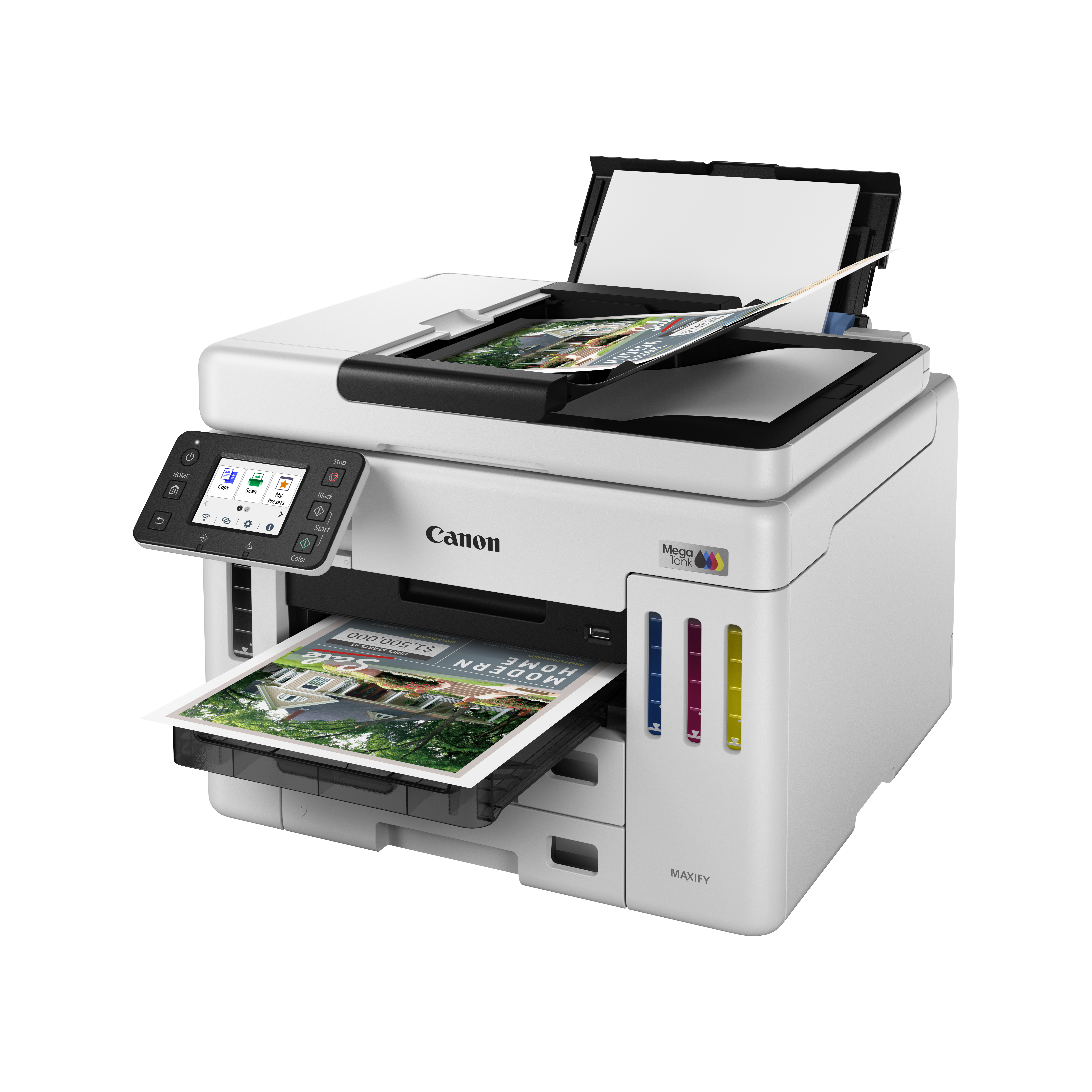 Ein weißer Canon Maxify-Drucker mit Papieren. Er hat einen Touchscreen und druckt eine Broschüre mit Häusern.