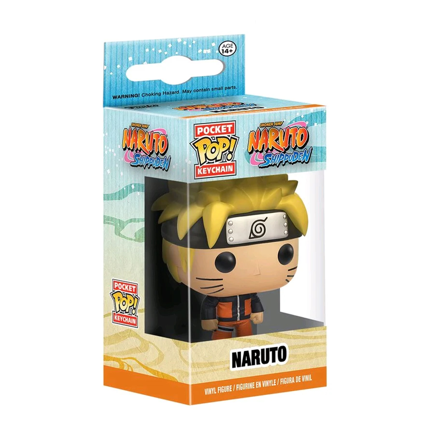 Una figura portachiavi Naruto Pocket Pop! in una scatola. La figura ha i capelli gialli, indossa un completo arancione e nero e una fascia.