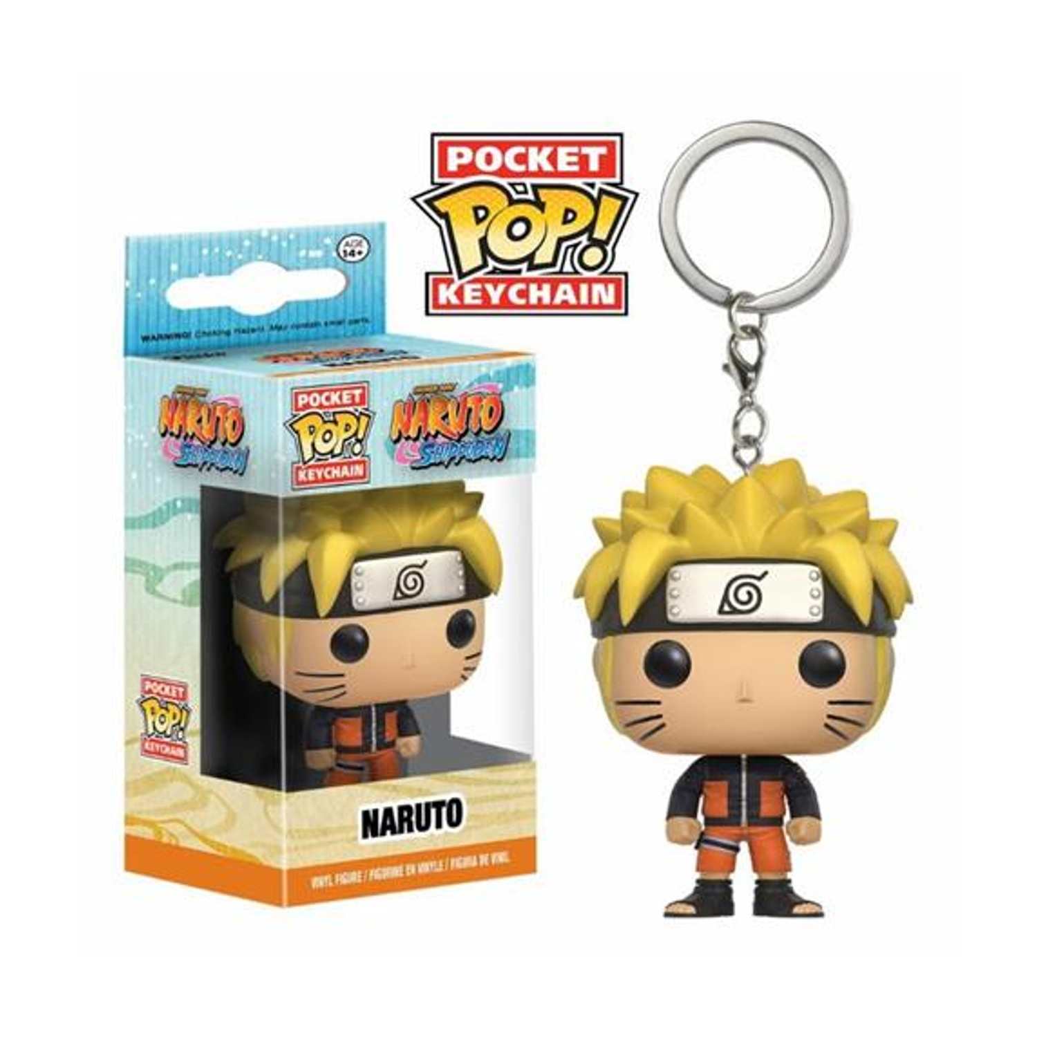 Portachiavi Naruto Pocket Pop! Figura in scatola e figura sfusa con portachiavi. Capelli gialli, abito arancione, dettagli neri e sfondo bianco.