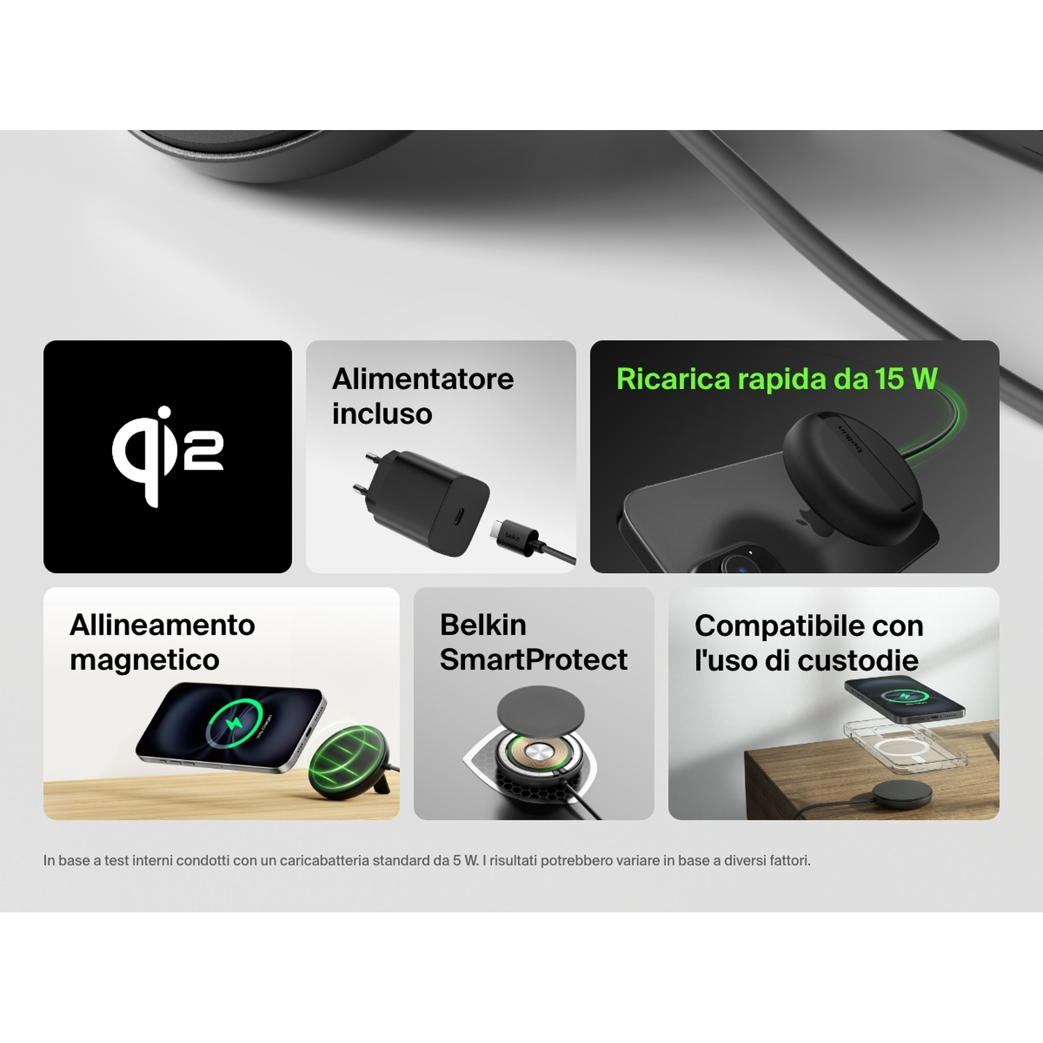 L'immagine mostra un caricatore wireless con caratteristiche principali: ricarica rapida, allineamento magnetico, SmartProtect e compatibilità custodia.