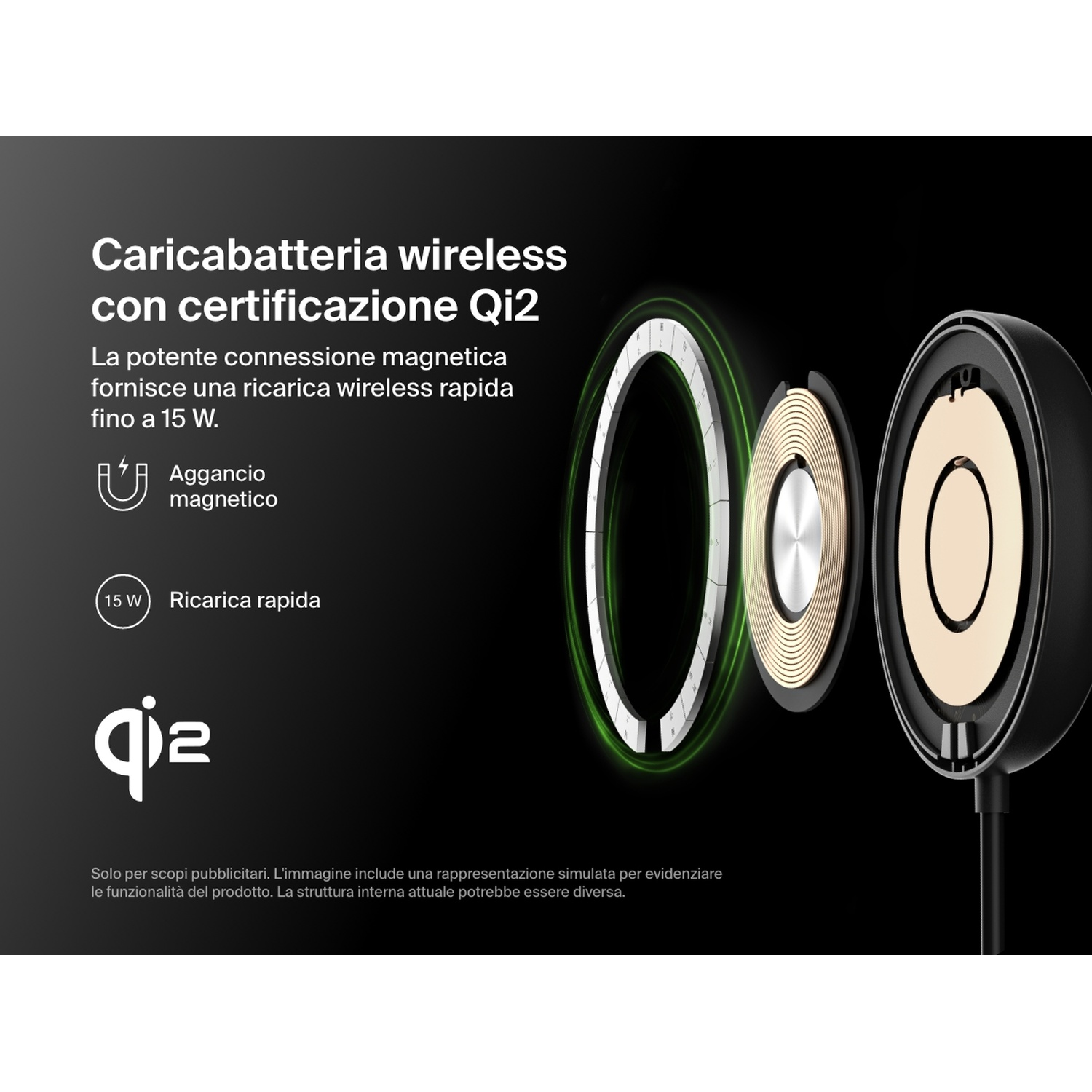 Caricabatterie wireless con certificazione Qi2. Dispone di connessione magnetica per ricarica wireless rapida fino a 15W. Design bianco e nero.