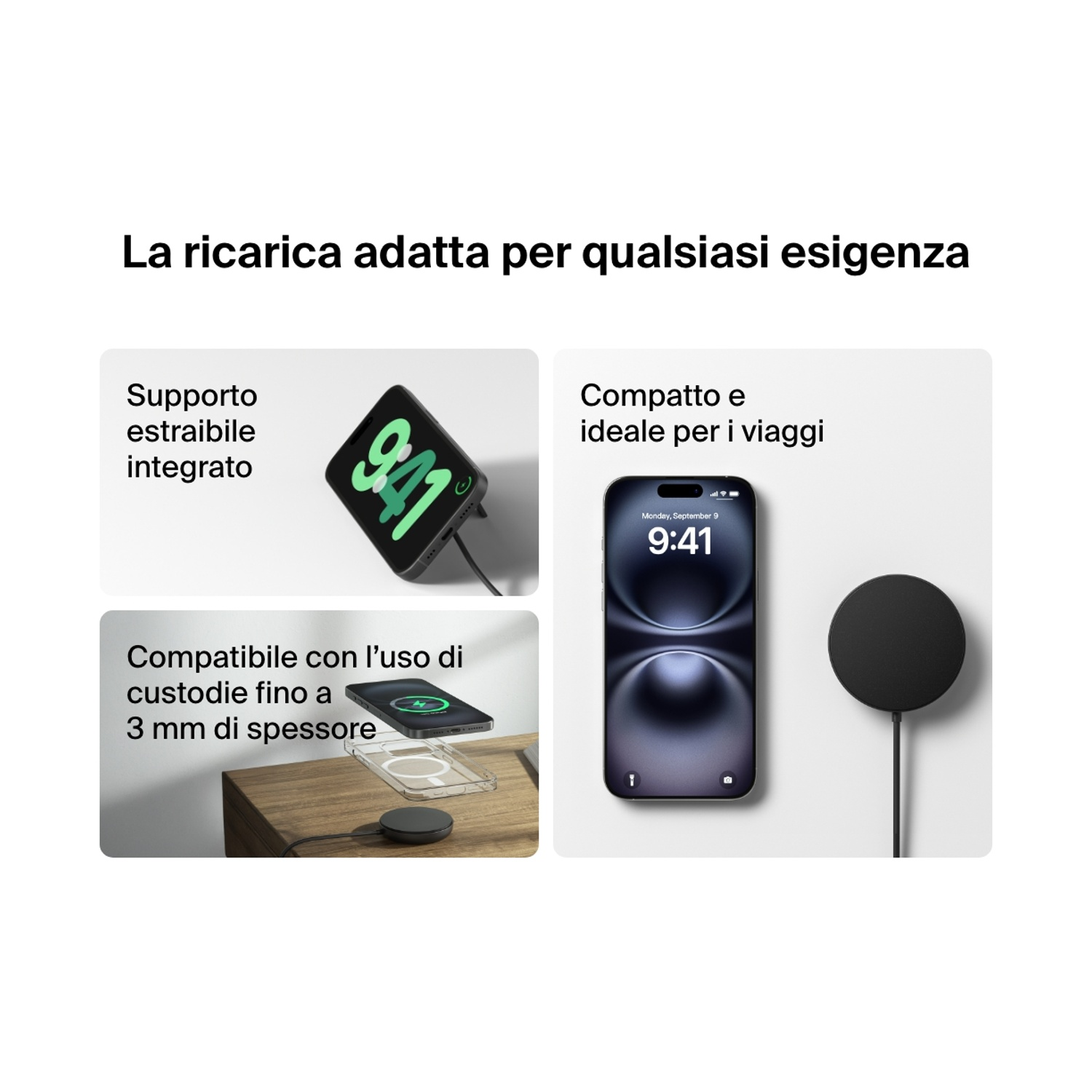 L'immagine mostra un telefono in carica con un caricatore wireless. Il testo in italiano dice che il caricatore è adatto a tutte le esigenze.
