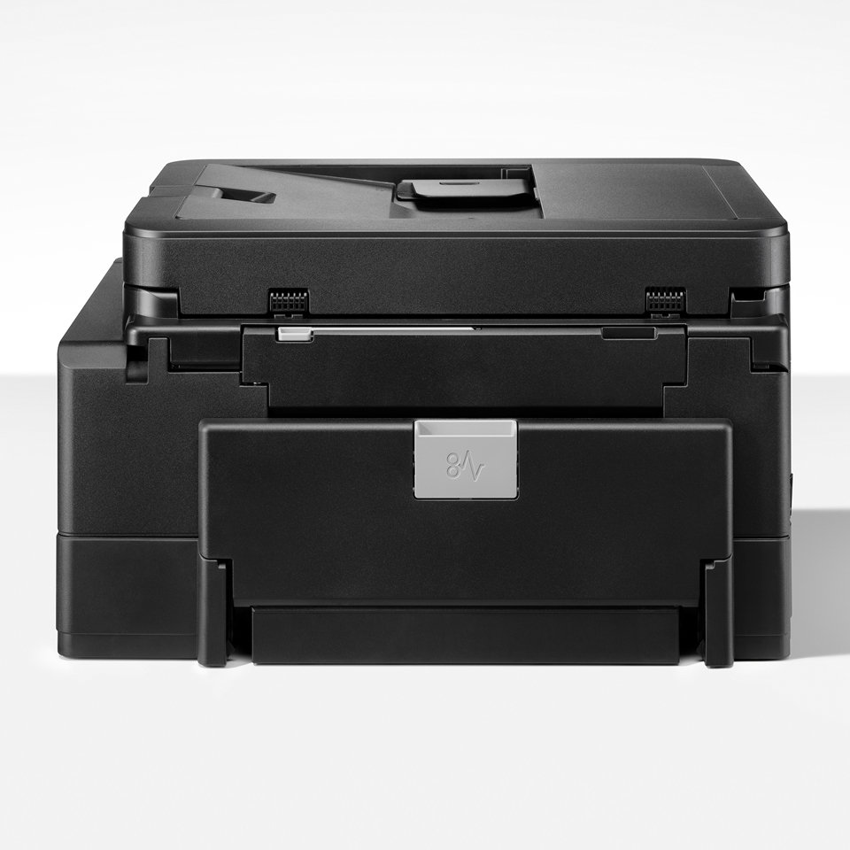 Ein schwarzer Drucker vor weißem Hintergrund. Er hat ein Papierfach, einen Scanner und ein Bedienfeld, alles aus schwarzem Kunststoff.