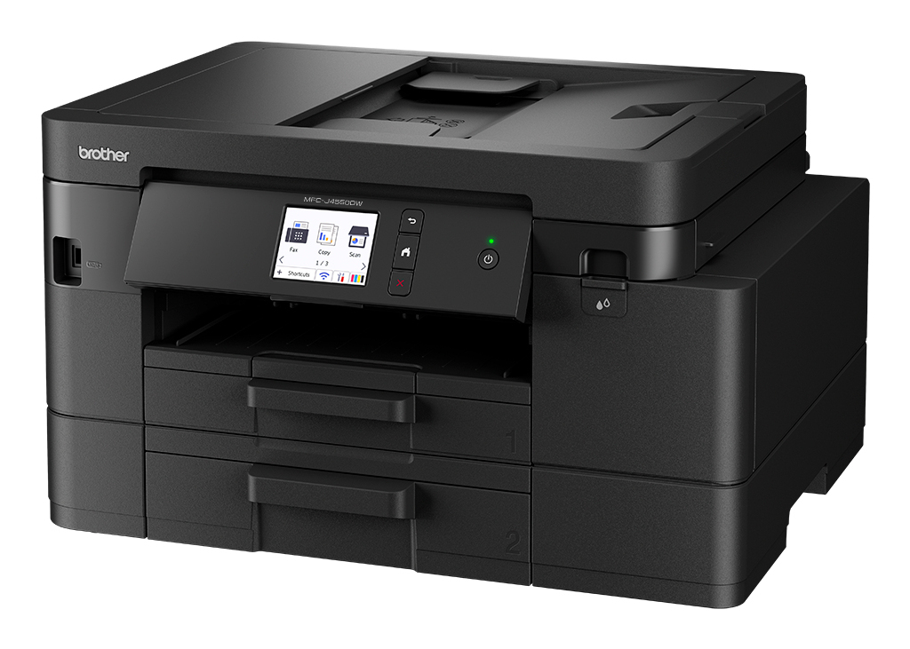 Ein schwarzer Brother Multifunktionsdrucker. Er hat einen Touchscreen, zwei Papierfächer und eine offene Oberseite. Modellnummer: MFC-J4550DW.
