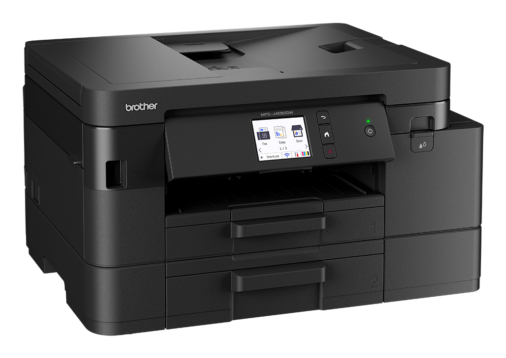 Ein schwarzer Brother-Multifunktionsdrucker. Er hat ein Display, Steuertasten und zwei Papierfächer. Die Einschalttaste leuchtet grün.