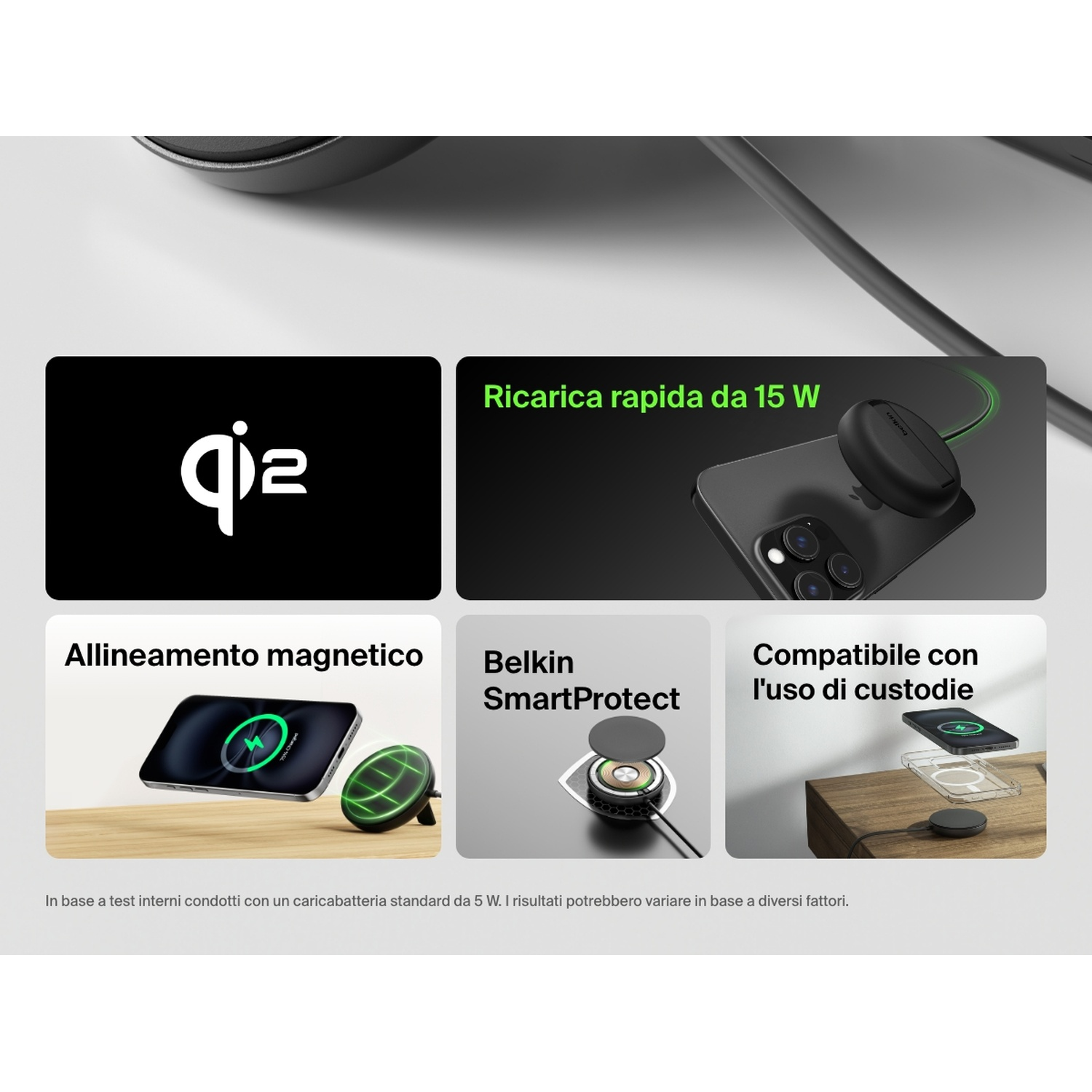 L'immagine mostra un caricabatterie wireless con telefono, dettagli del caricabatterie. Il testo include 'Allineamento magnetico', 'Ricarica rapida 15W' e 'Belkin SmartProtect'.