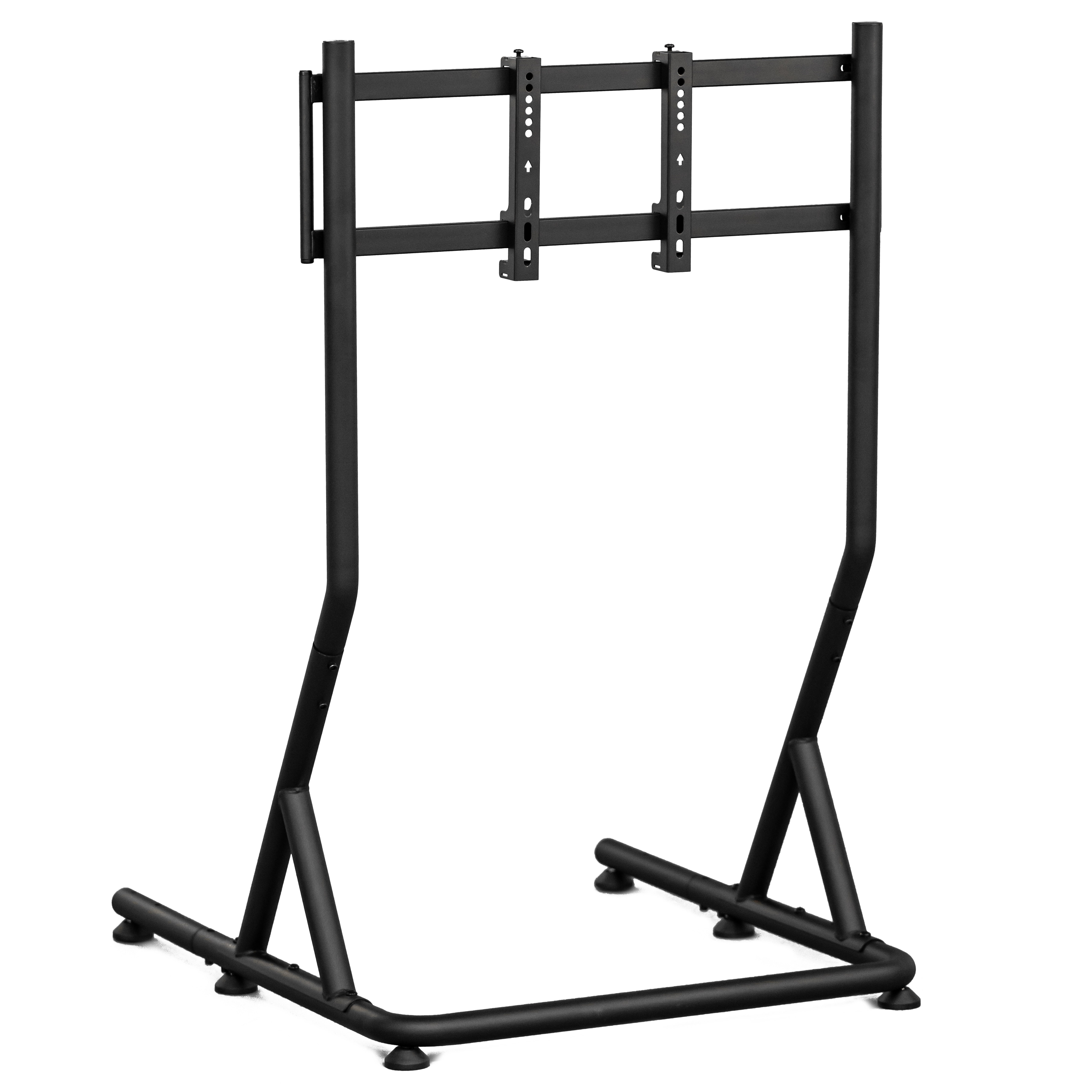 Ein schwarzer TV-Ständer aus Metall. Er hat eine rechteckige Basis, zwei vertikale Stützen und einen oberen Rahmen.