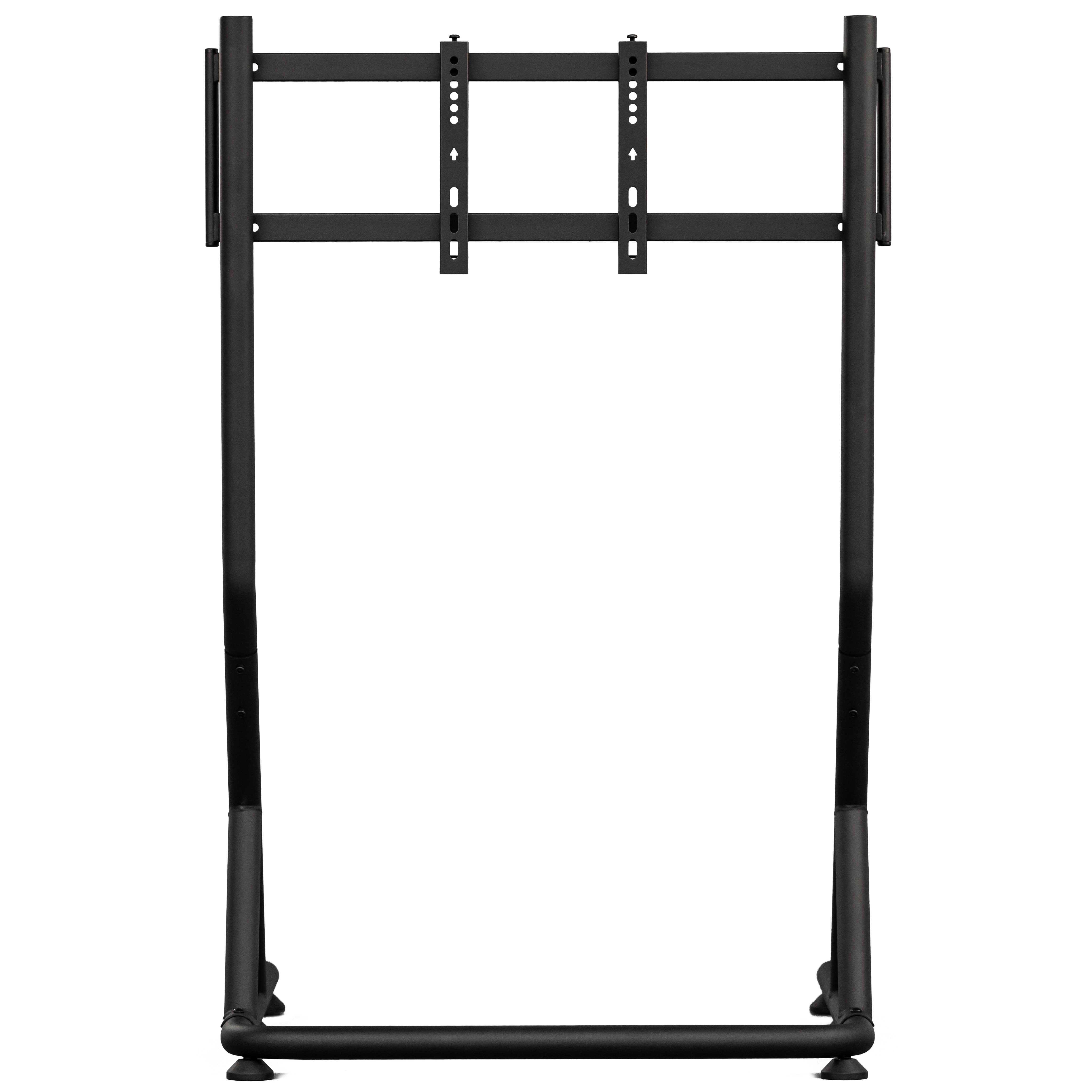 Ein schwarzer TV-Ständer aus Metall auf weißem Hintergrund. Er hat einen rechteckigen Rahmen und zwei vertikale Stützen.