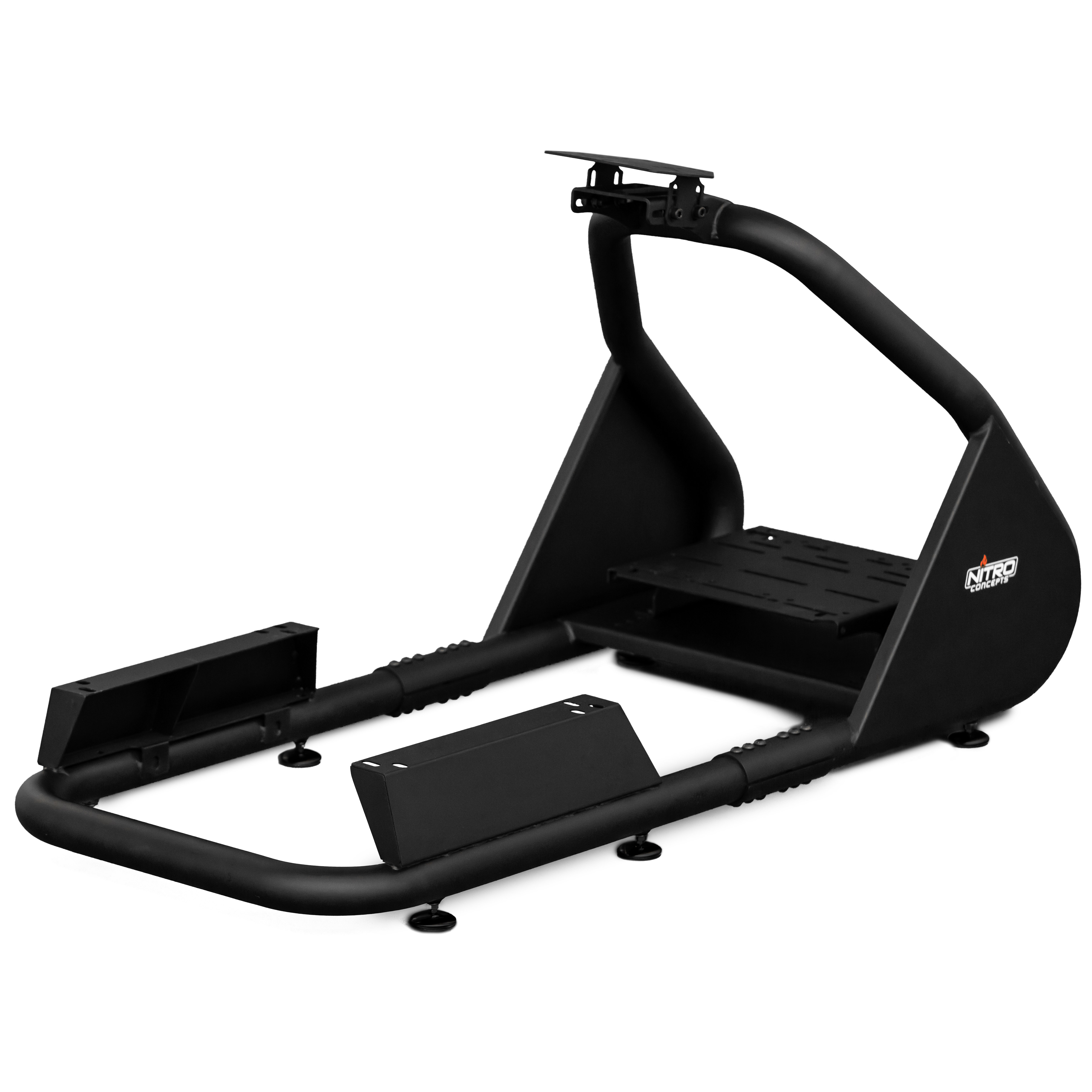 Schwarzer Metall-Rennsimulator-Cockpit-Rahmen. Mit Nitro Concepts Logo.