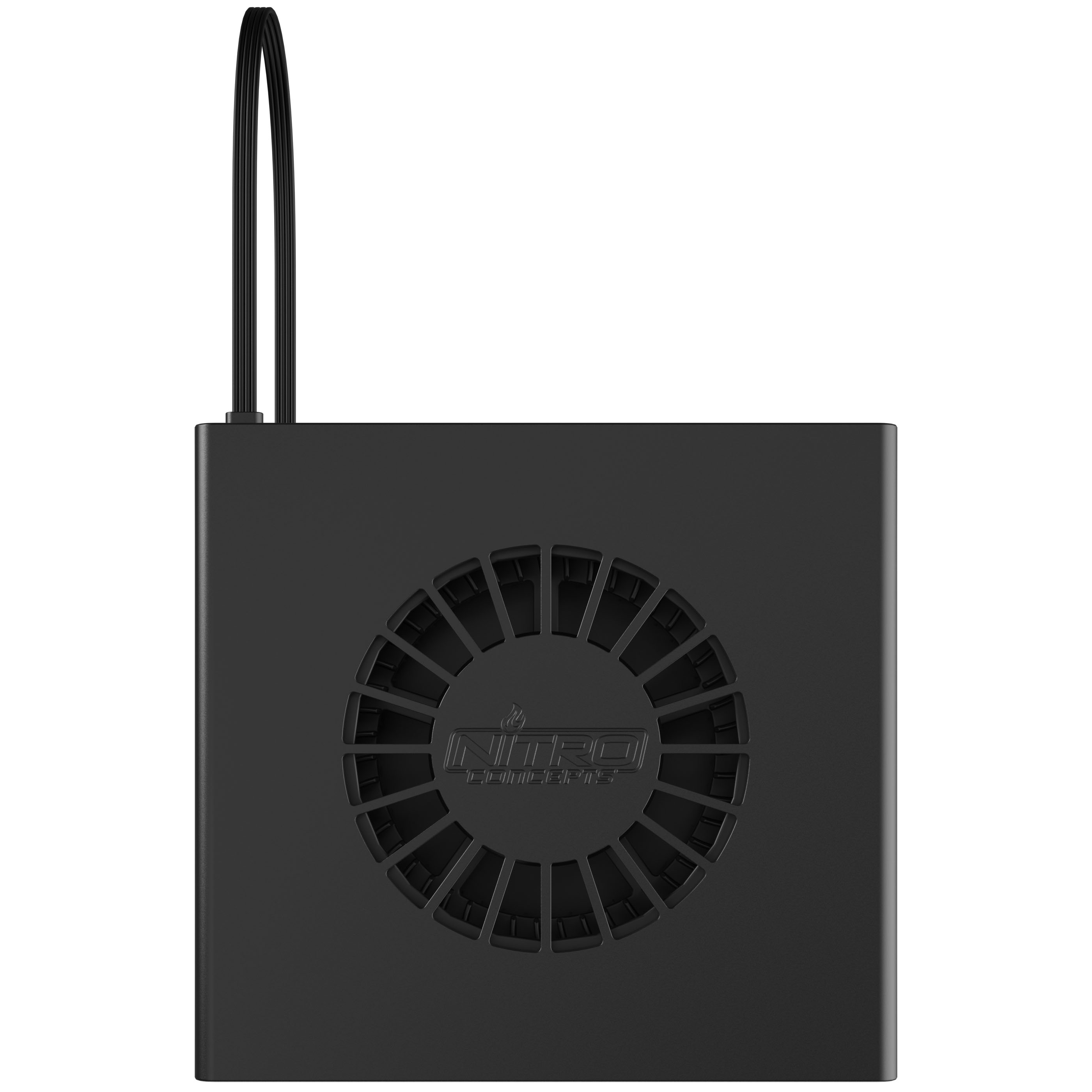 Schwarzes Nitro Concepts-Gerät mit fächerförmigem Design und Kabeln. Auf dem Gerät erscheint ein Logo.