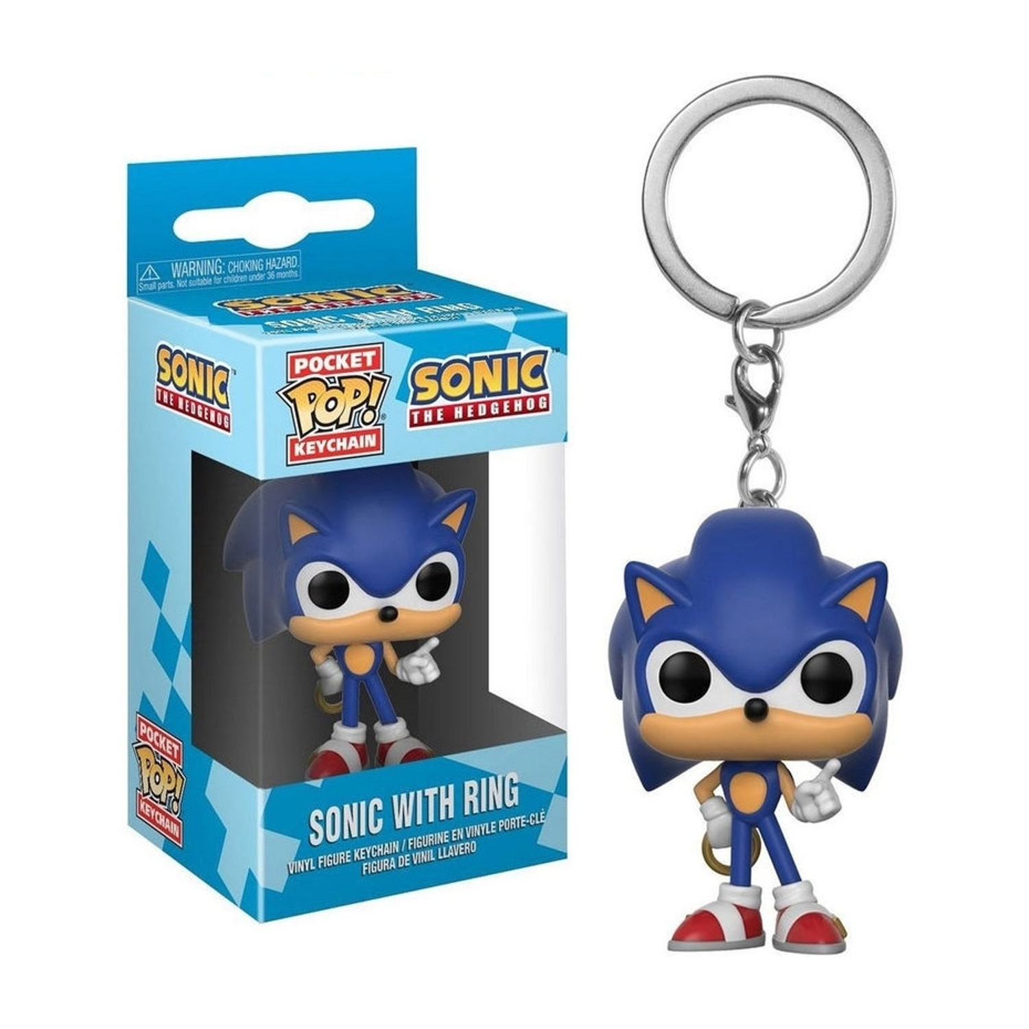 Portachiavi di Sonic the Hedgehog. Figura blu con guanti bianchi, scarpe rosse e un anello. Confezionato in una scatola blu.