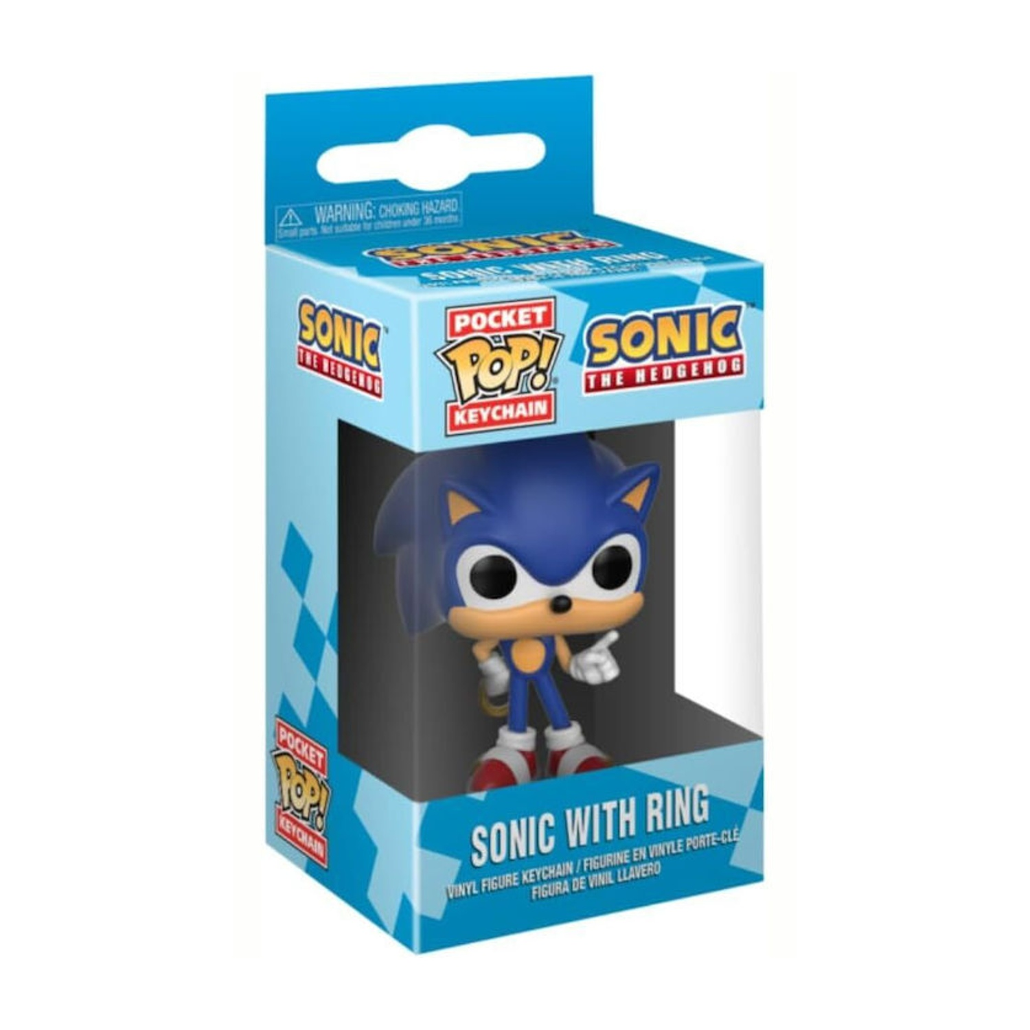 Una figura portachiavi di Sonic the Hedgehog è in una scatola blu. La figura è blu, bianca e rossa. La scatola dice 'Pocket Pop! Keychain'.