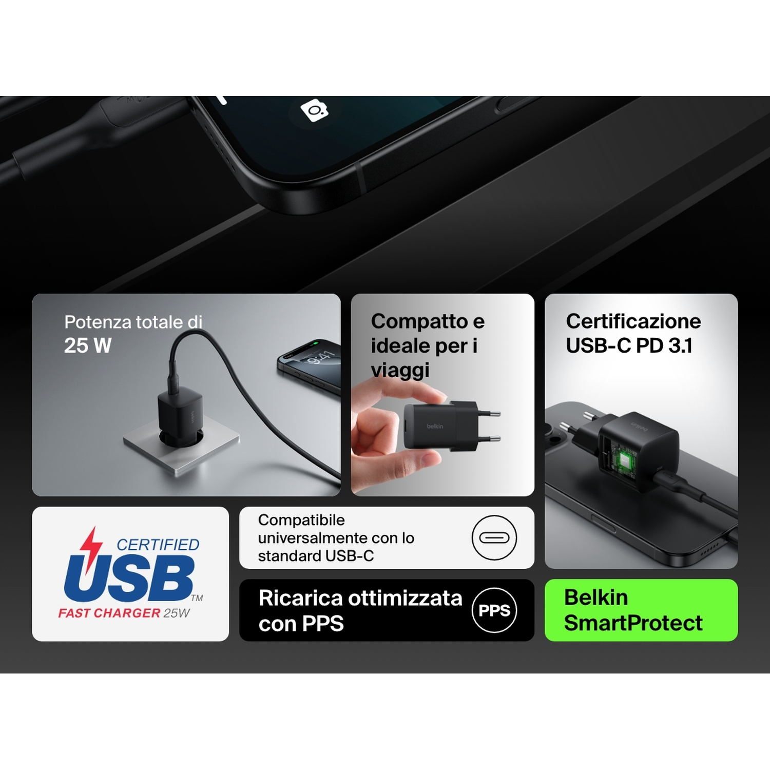 L'immagine mostra un caricabatterie nero con telefono, etichette di testo come 'Fast Charger 25W' e 'USB-C PD 3.1'.