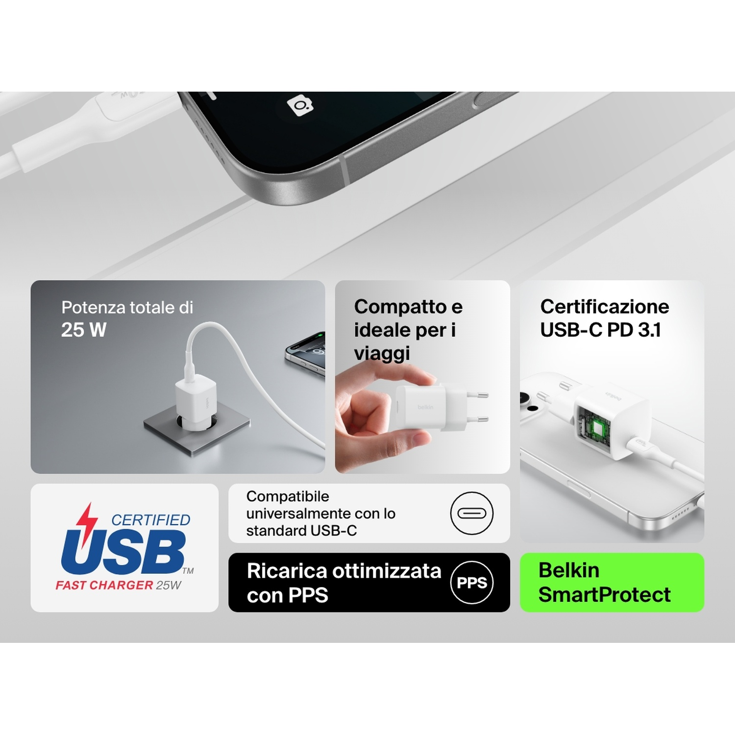 L'immagine mostra caricatore Belkin, telefono ed etichette di testo. Etichette: 25W, USB-C PD 3.1, caricatore rapido, compatto, ricarica ottimizzata e SmartProtect.