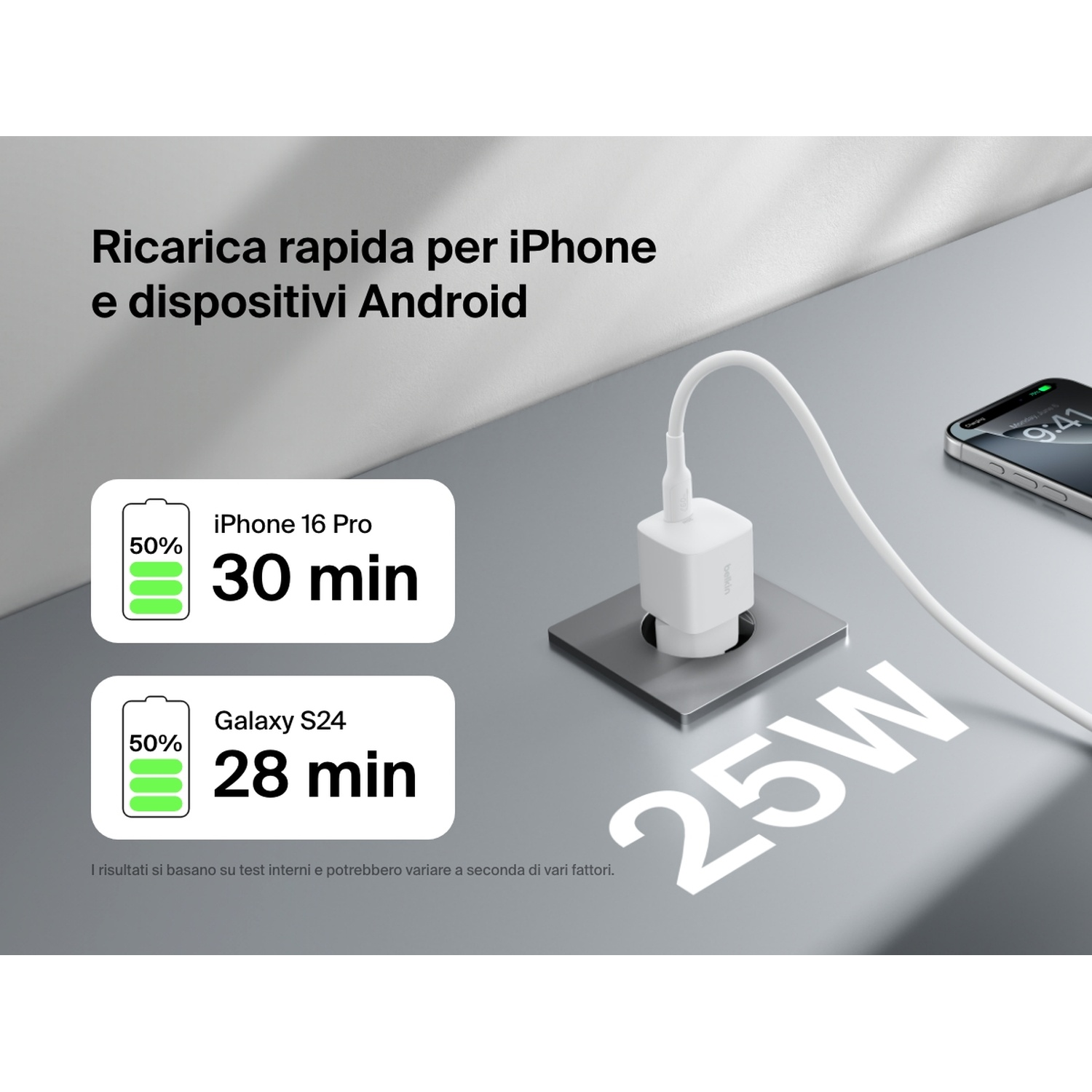 Un caricabatterie bianco con cavo è collegato. Visualizza i tempi di ricarica di iPhone e Samsung. Un telefono è sul lato destro.