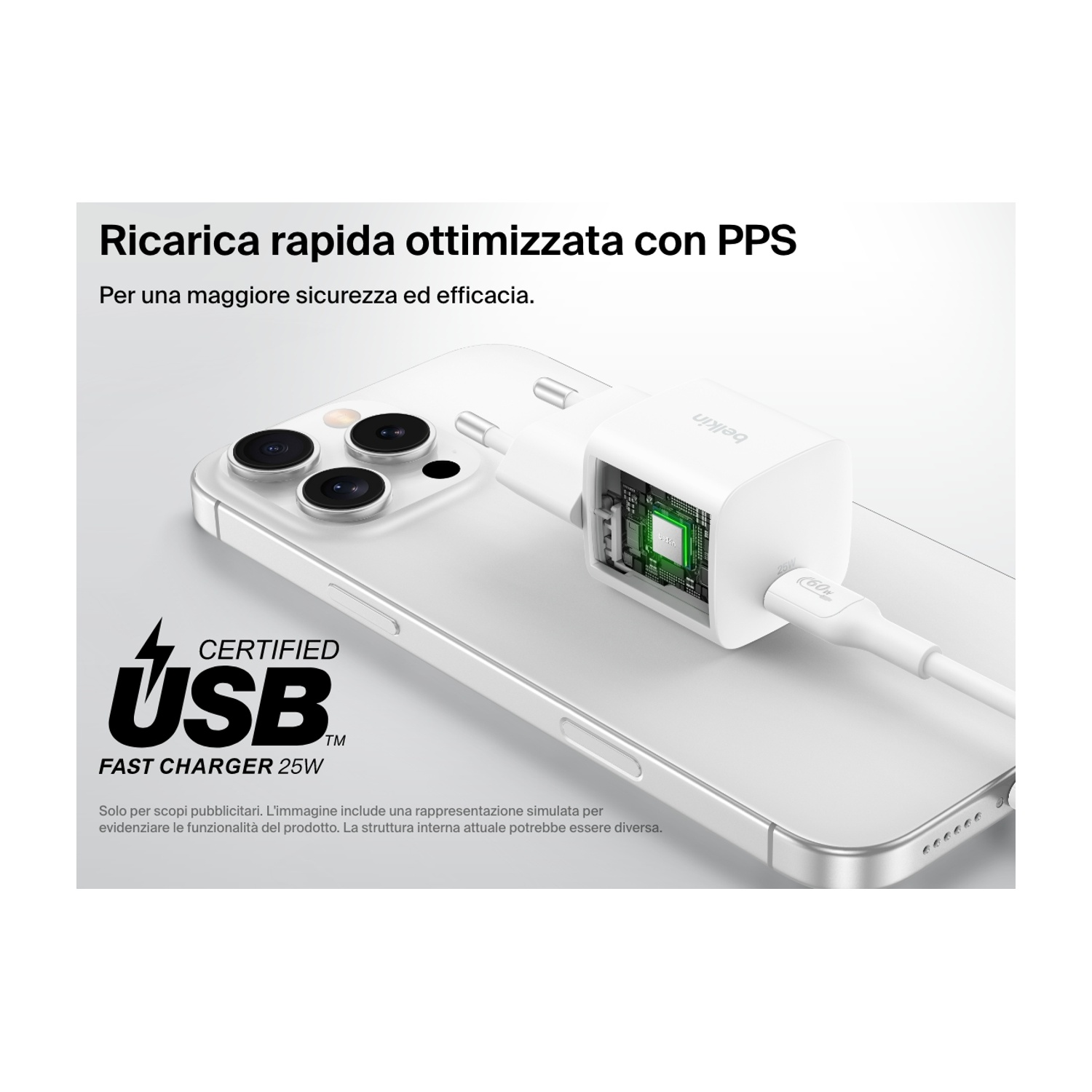 Un telefono bianco è collegato a un caricabatterie bianco, etichettato USB Fast Charger 25W. Testo in italiano.