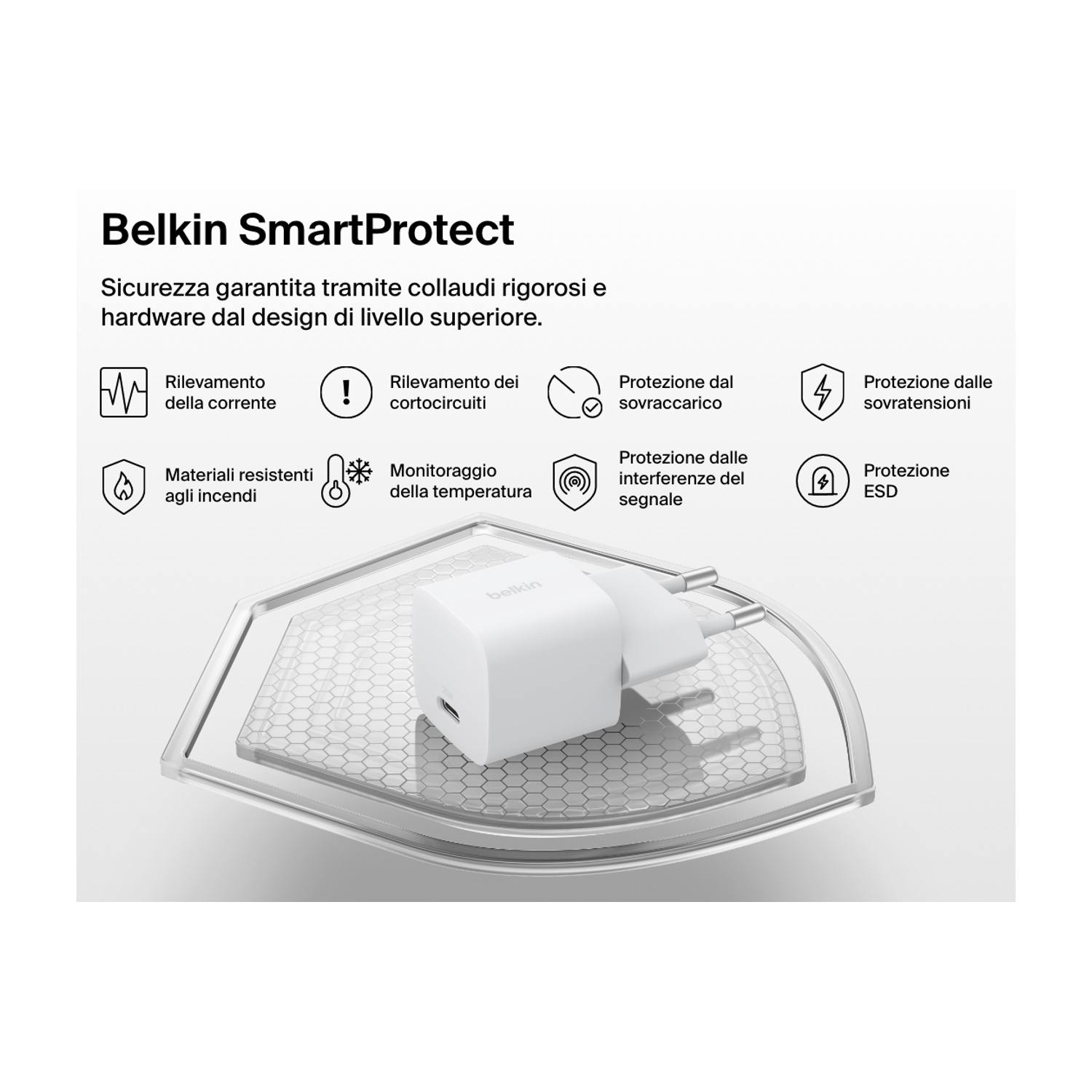 Un caricatore bianco Belkin SmartProtect su un supporto trasparente. Le icone rappresentano funzioni di sicurezza come il rilevamento della corrente.