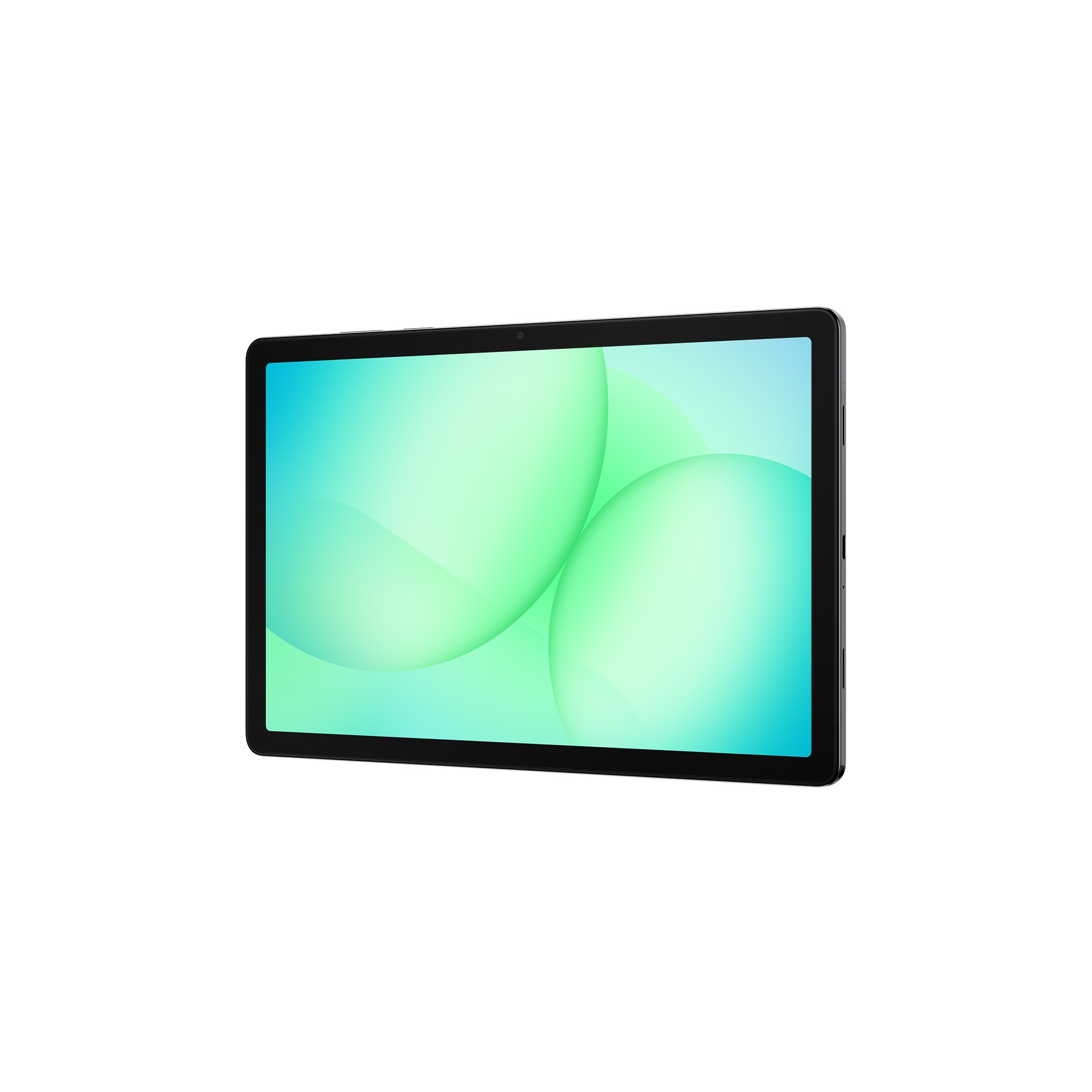 Czarny tablet na białym tle. Ekran wyświetla zielone i niebieskie abstrakcyjne kształty.