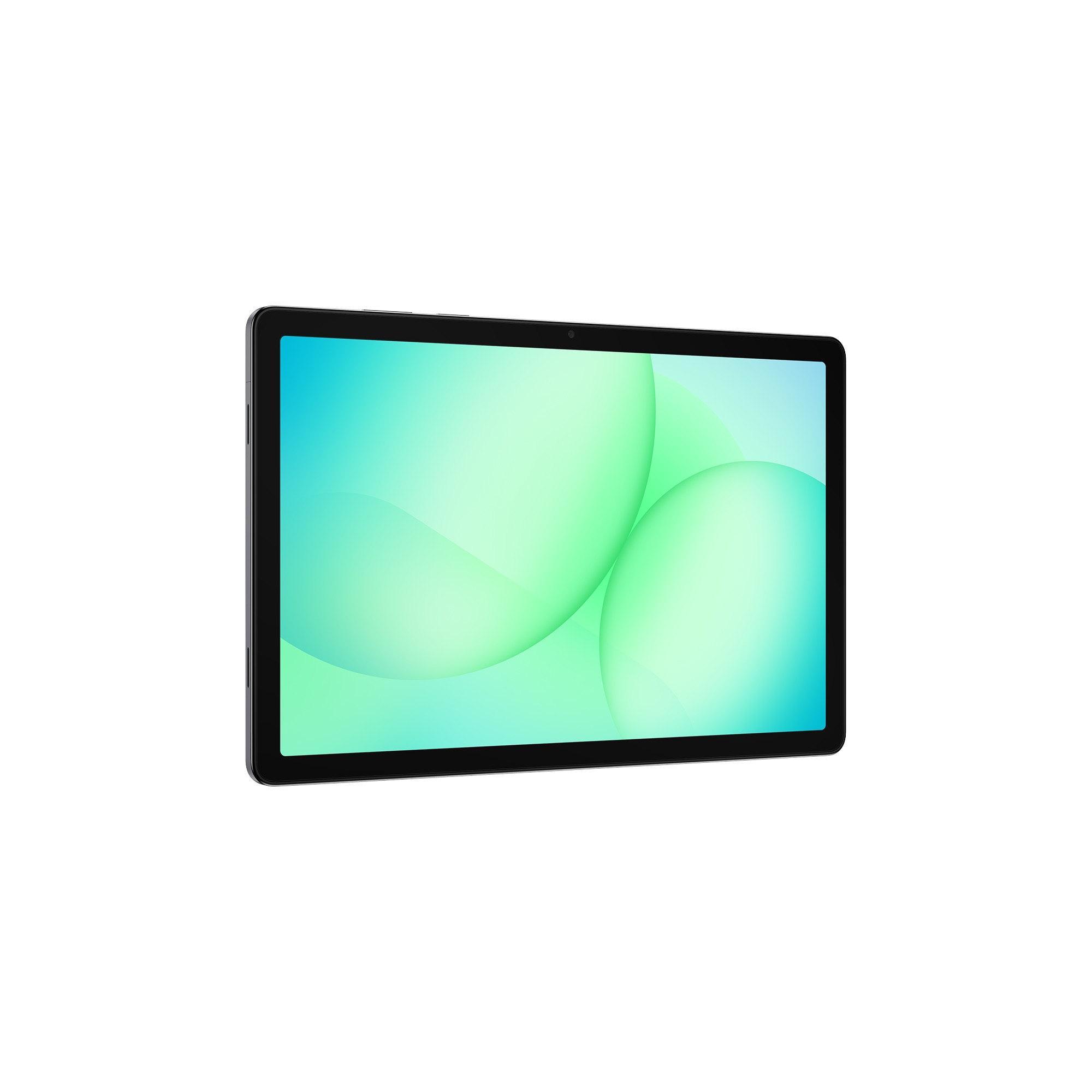 Czarny tablet z ekranem wyświetlającym zielone i niebieskie abstrakcyjne kształty na białym tle.