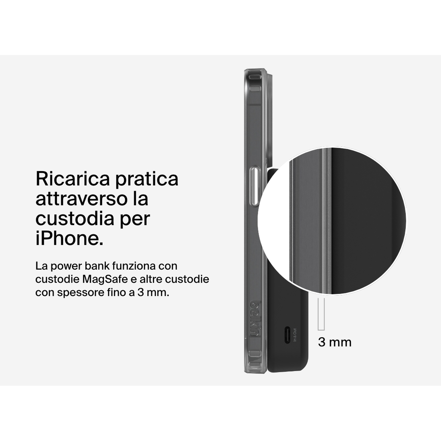 L'immagine mostra una custodia per telefono e un power bank. Il testo dice 'ricarica pratica attraverso la custodia dell'iPhone'.