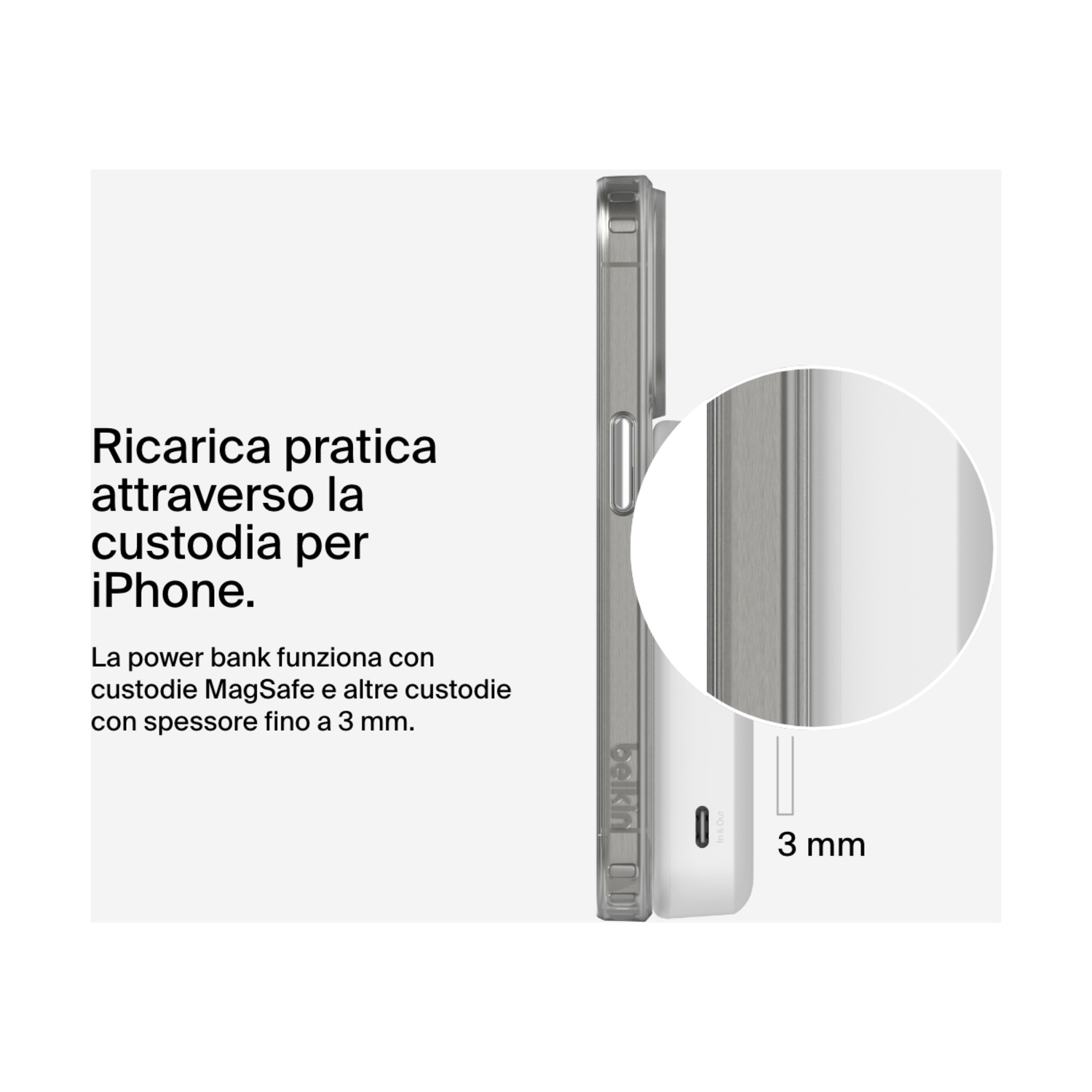 L'immagine mostra una custodia per iPhone con un power bank, che dimostra la ricarica attraverso la custodia. Il testo indica la compatibilità con le custodie MagSafe.