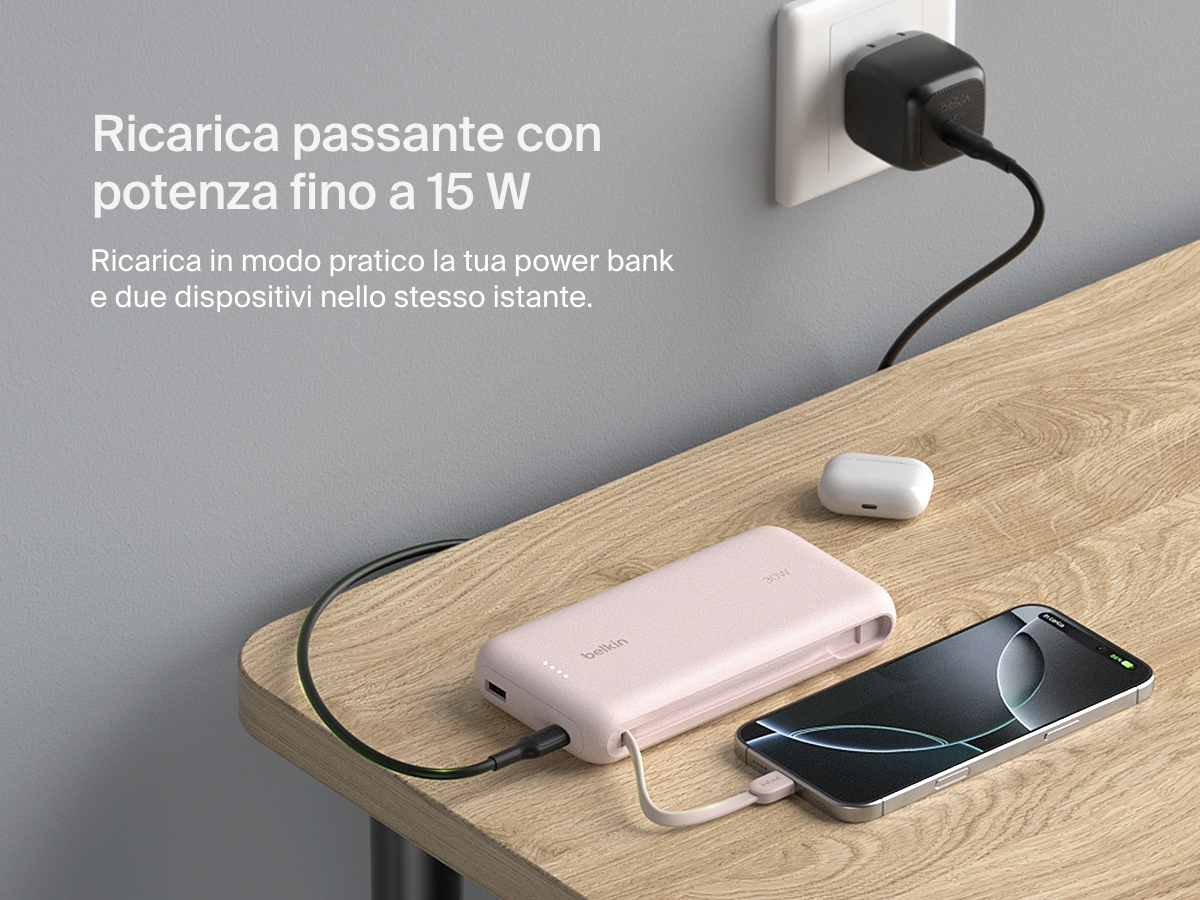 Un power bank rosa, auricolari bianchi e uno smartphone sono su un tavolo di legno. Un caricatore è collegato al muro e connesso al power bank.