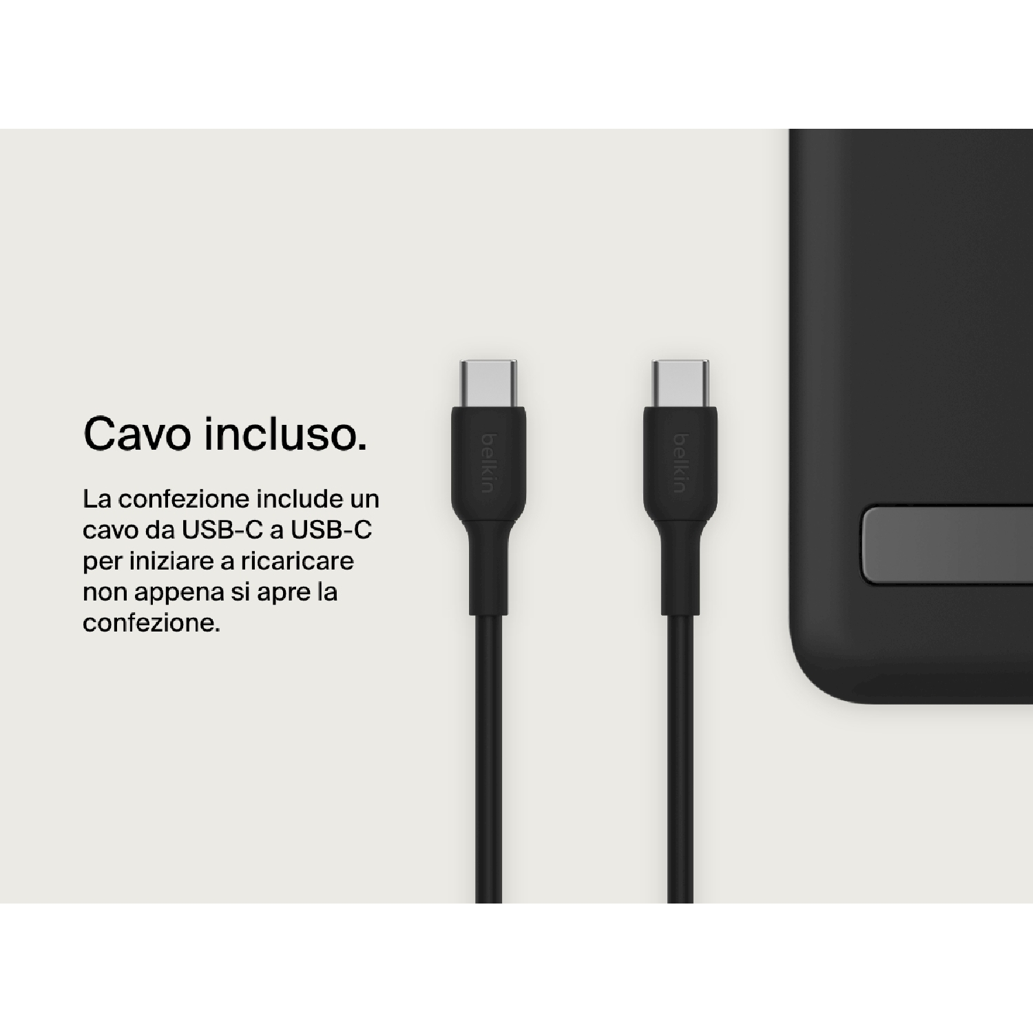 Due cavi USB-C neri, marchio Belkin, su sfondo bianco. Testo 'Cavo incluso' e dettagli del prodotto visibili.