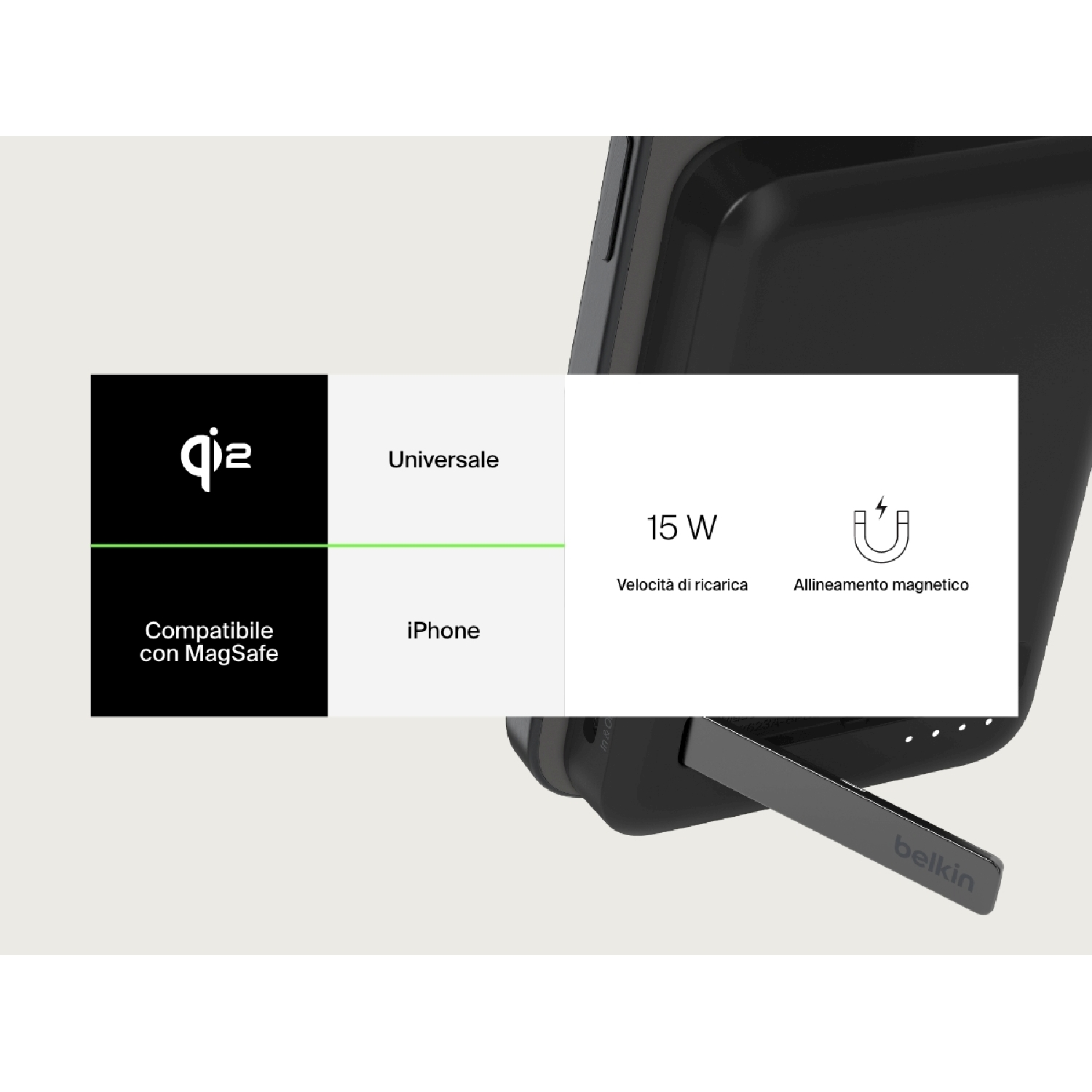 Caricabatterie wireless nero con logo Belkin. Dispone di Qi, ricarica a 15W, allineamento magnetico ed è compatibile con MagSafe.