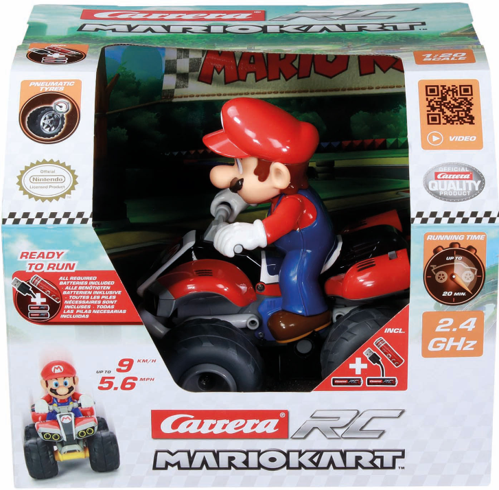 Mario-Figur auf einem roten und schwarzen Carrera RC Mario Kart Spielzeugauto, in einer Box mit Informationen und Grafiken.