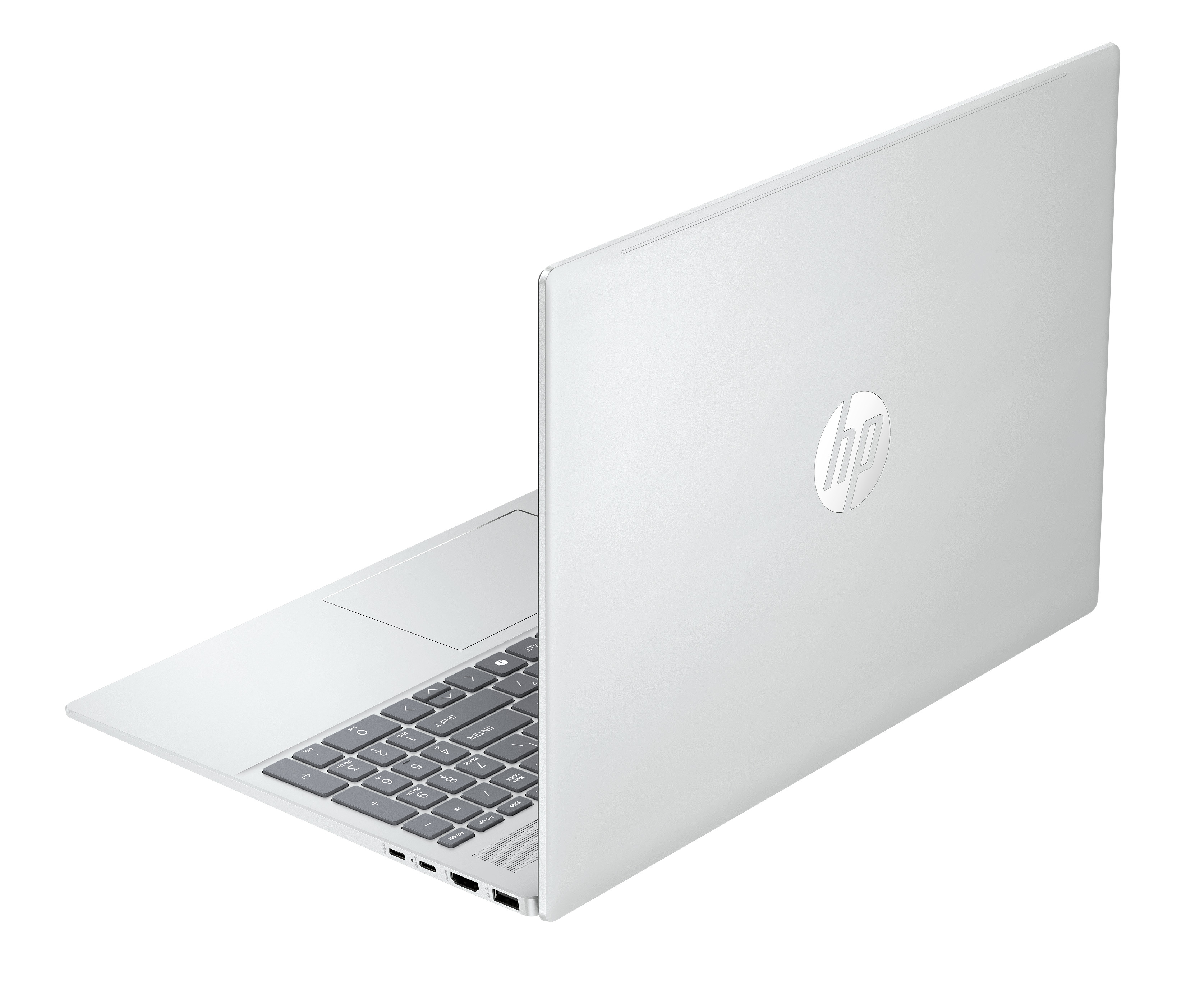 Beyaz bir HP dizüstü bilgisayar açık. Klavye görünür. Arka plan beyaz.
