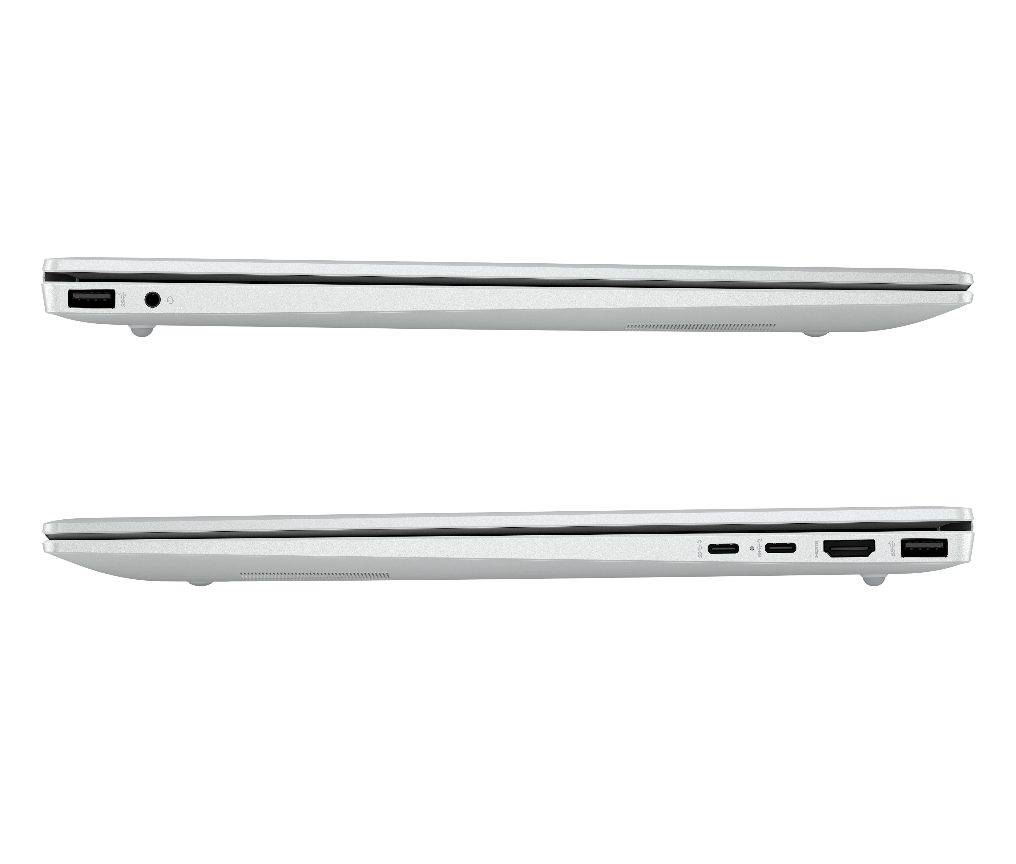 Profilden iki gümüş dizüstü bilgisayar. Birinde USB ve ses bağlantı noktaları, diğerinde çeşitli bağlantı noktaları var.