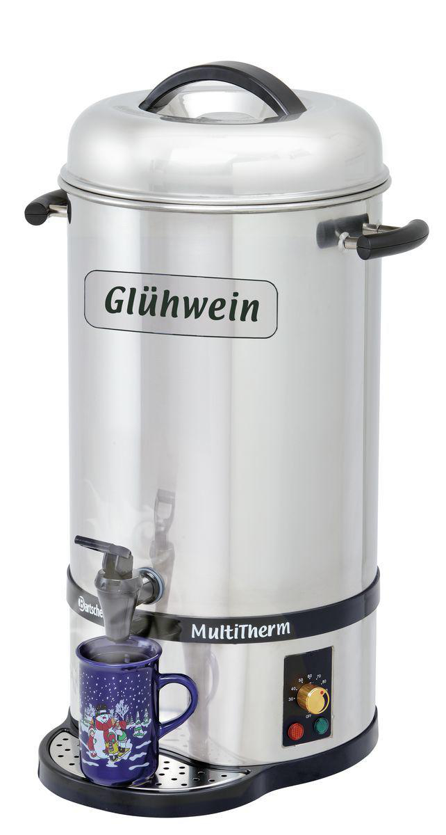 Ein Edelstahl-Glühweinbereiter, schwarzer Sockel, Wasserhahn und Griff. Unter dem Wasserhahn befindet sich eine blaue Tasse mit Schneemann-Design.