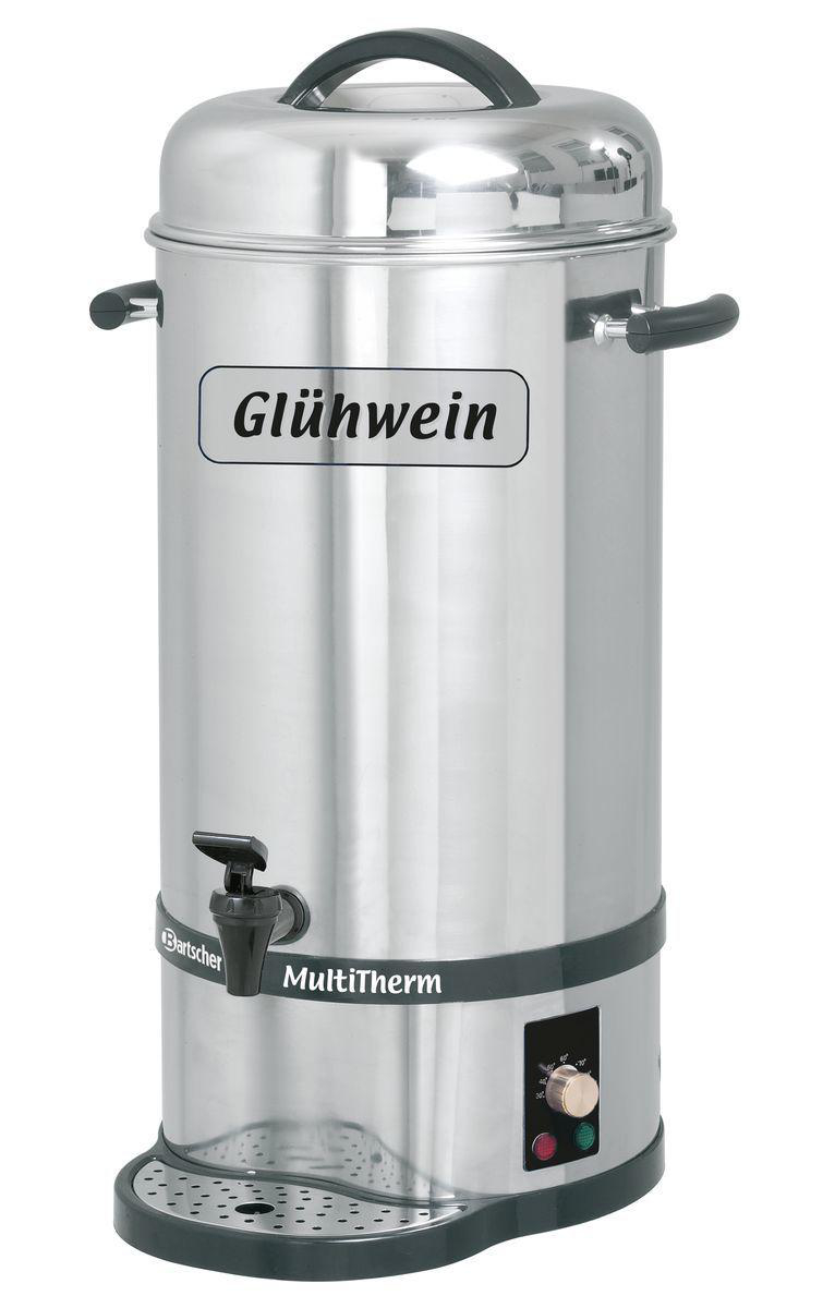 Eine Glühweinmaschine aus Edelstahl. Sie hat einen schwarzen Griff, einen Wasserhahn und ein Bedienfeld. Das Wort Glühwein steht darauf.