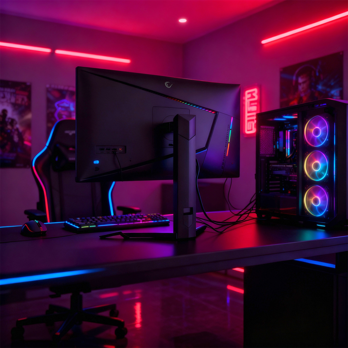 Monitör, PC, klavye ve fare ile oyun kurulumu. Mor ve mavi odada neon ışıkları.