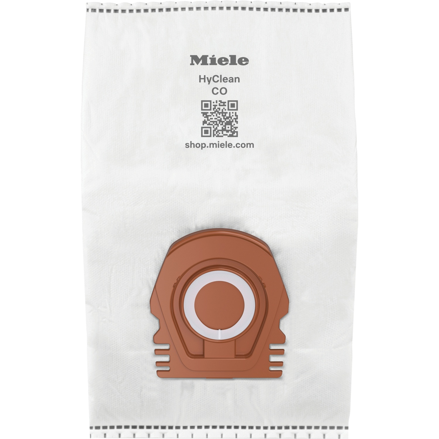 Een witte Miele HyClean stofzuigerzak met een bruine kunststof bevestiging. De zak heeft tekst en een QR-code. shop.miele.com staat erop.