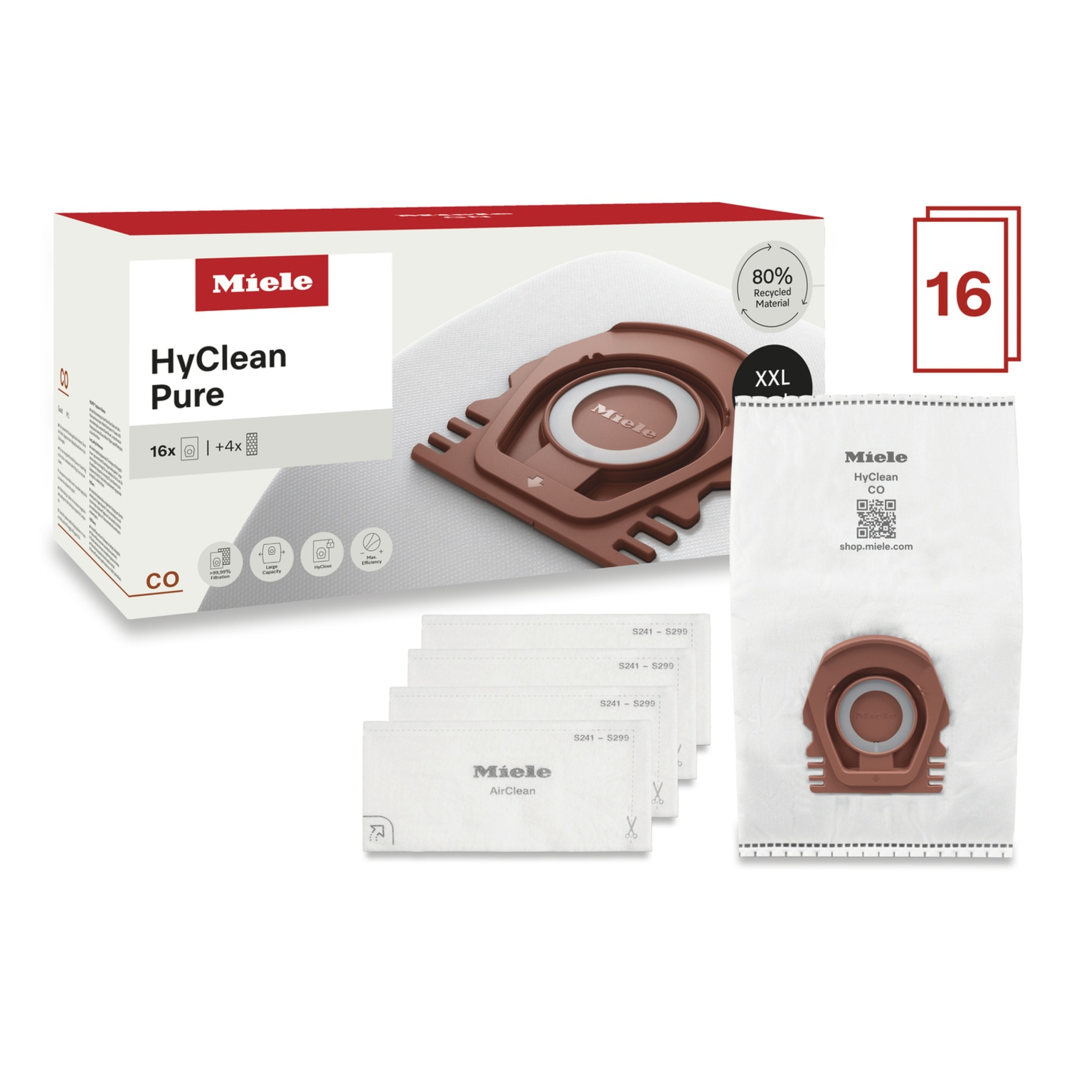 Miele stofzuigerzakken en filterset. Bevat doos, zak en extra zakken. Op de doos staat HyClean Pure, 16x + 4x.